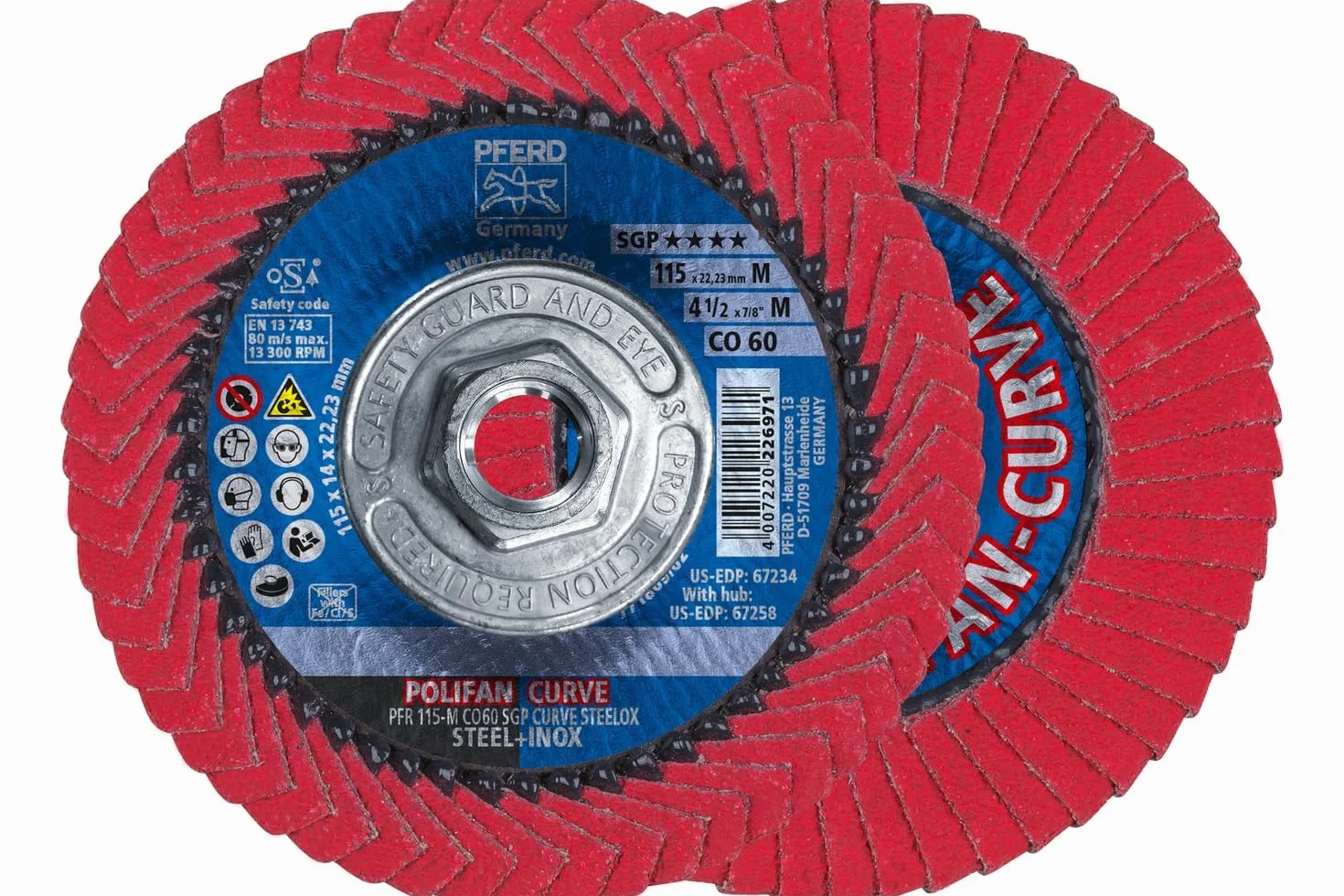 Pferd, 67258, Polifan Pfr curva radiale tipo disco lamellare, ossido di ceramica, diametro 4 – 1/5,1 cm, 5/8 – 11 thread, 13300 rpm, 60 Grit