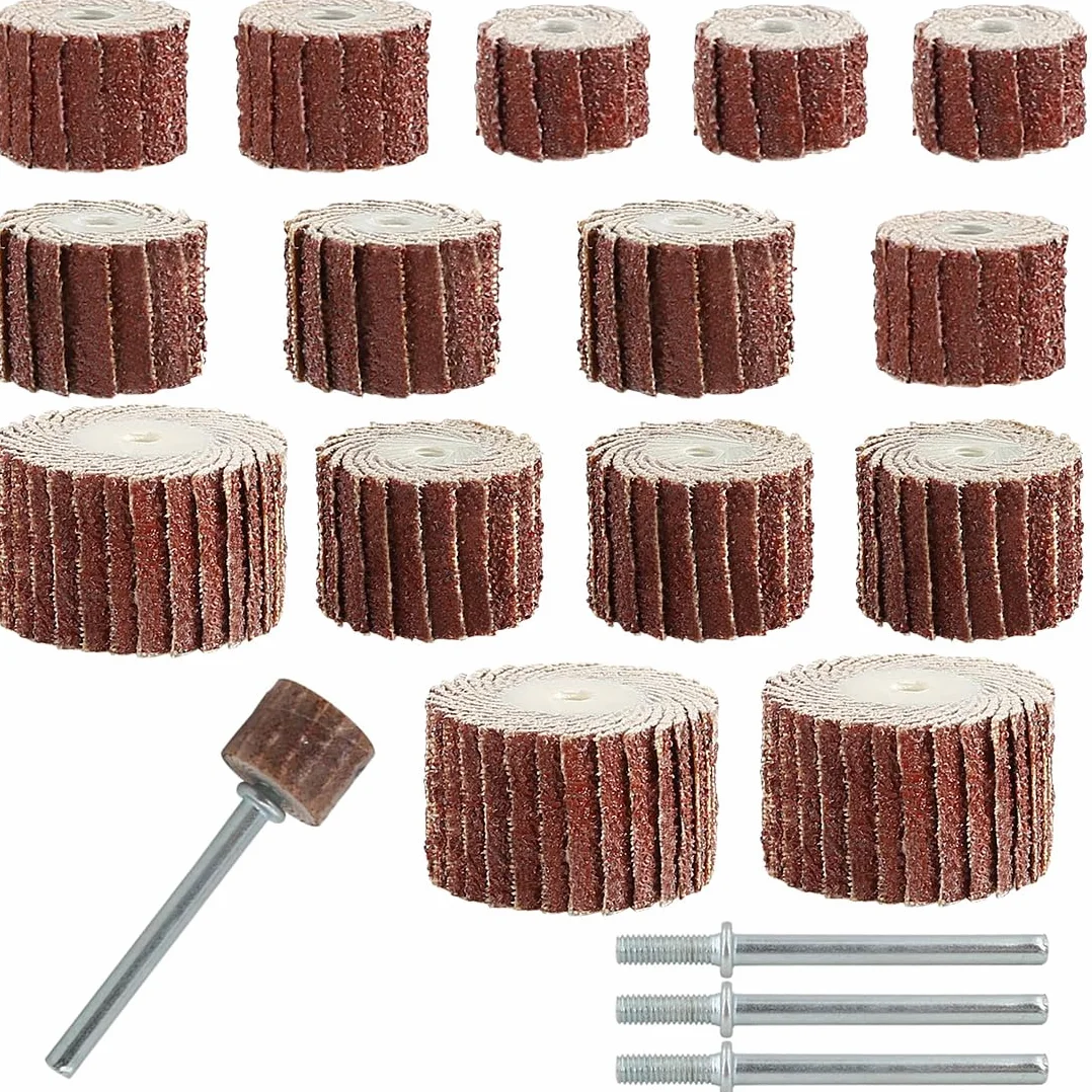 15 Pezzi Dischi Abrasivi, Grana 80, Flap Wheel 5 Dimensioni Diverse Per Lucidatura, Con 3 Asta Di Collegamento Ruota Lamellare Di Carta Vetrata Per Trapano, Smerigliatrice, Utensile Rotante