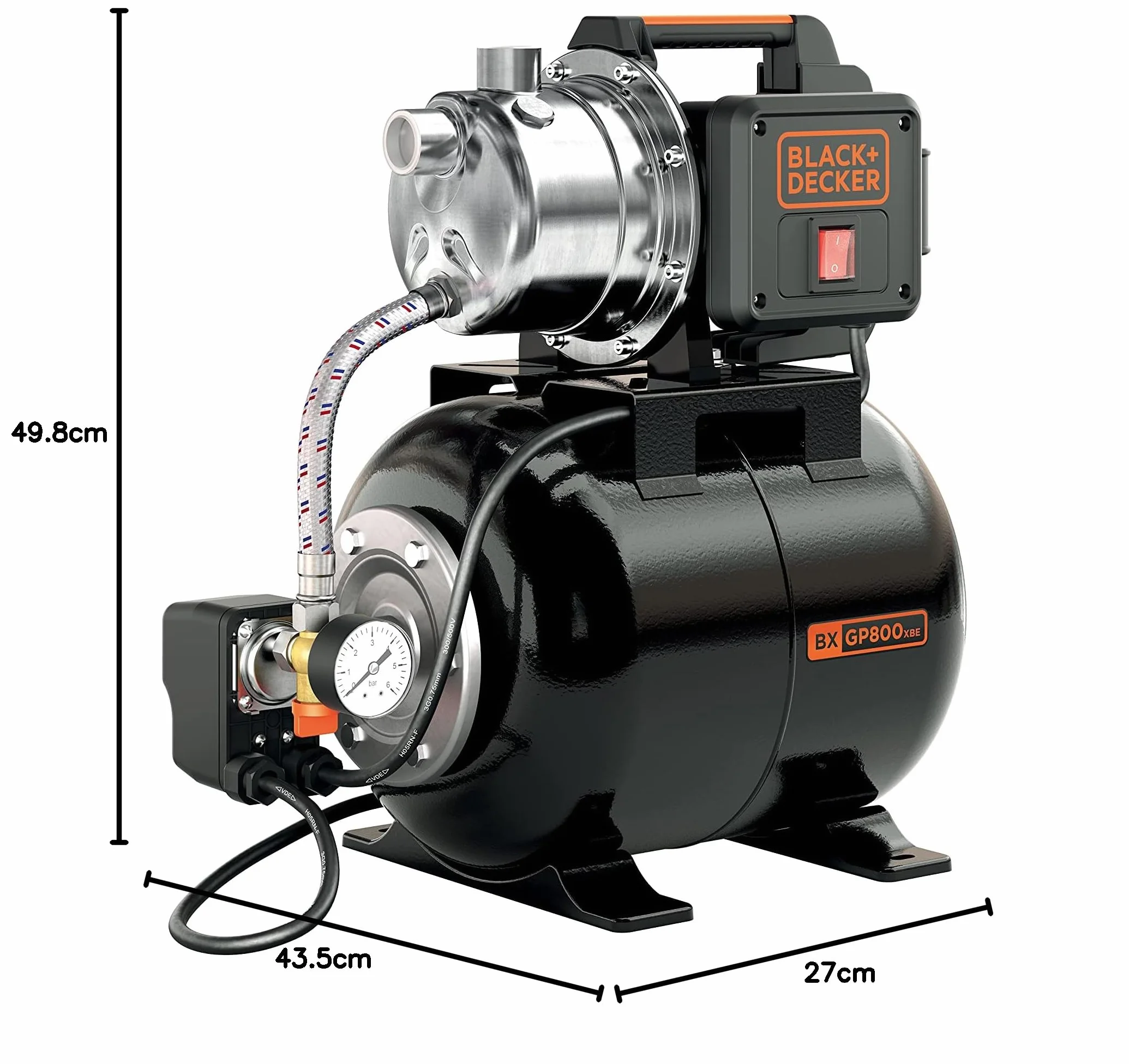 BLACK+DECKER Pompa Autoadescante BXGP800XBE con Serbatoio per Acque Chiare (800 W, Portata max. 3.500 l/h, Prevalenza max. 38 m)