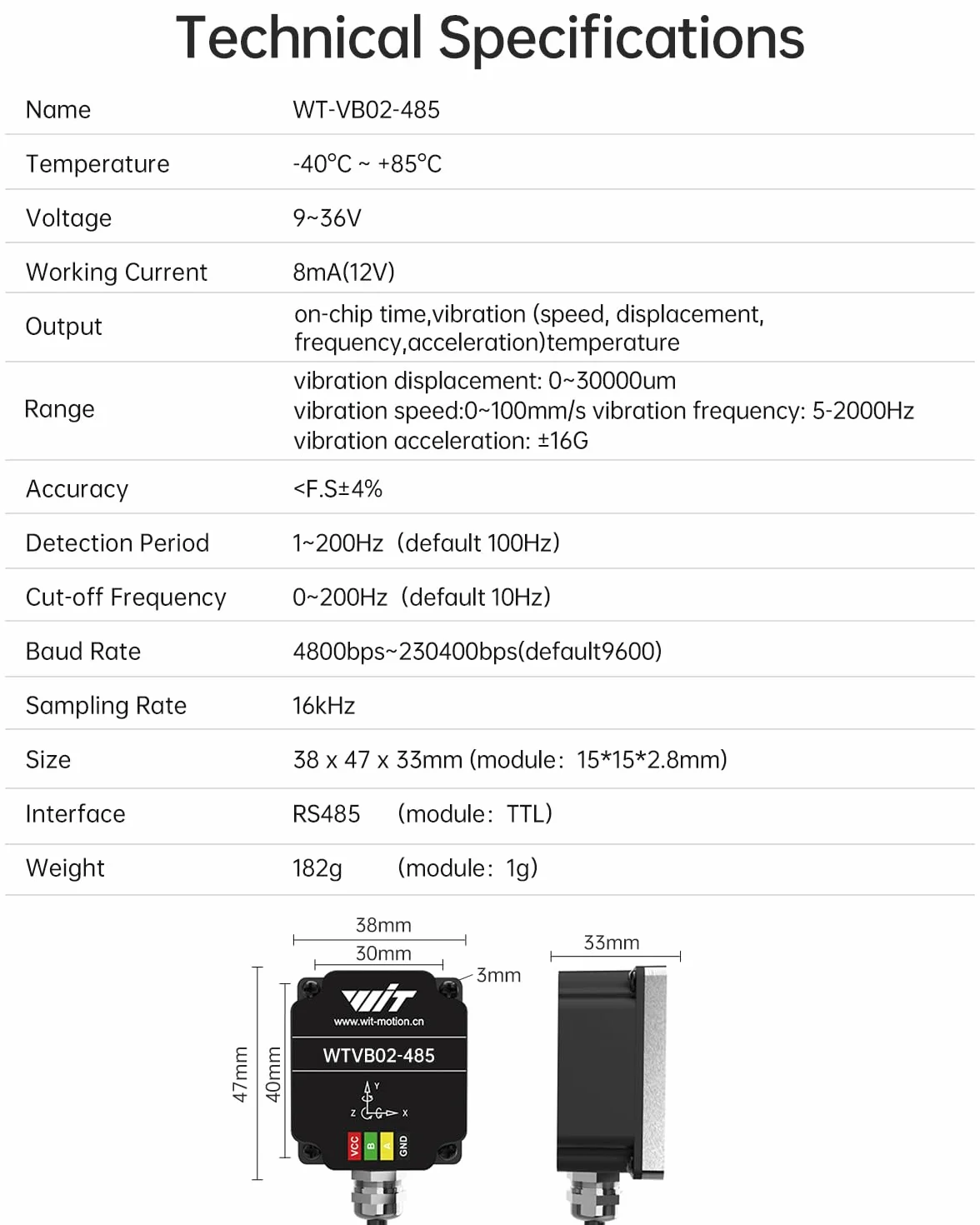 [Sensore di vibrazione Modbus RS485] Trasduttore impermeabile WTVB02-485 IP68, rilevatore di accelerazione di vibrazione a 3 assi (frequenza + spostamento + velocità), modulo di monitoraggio