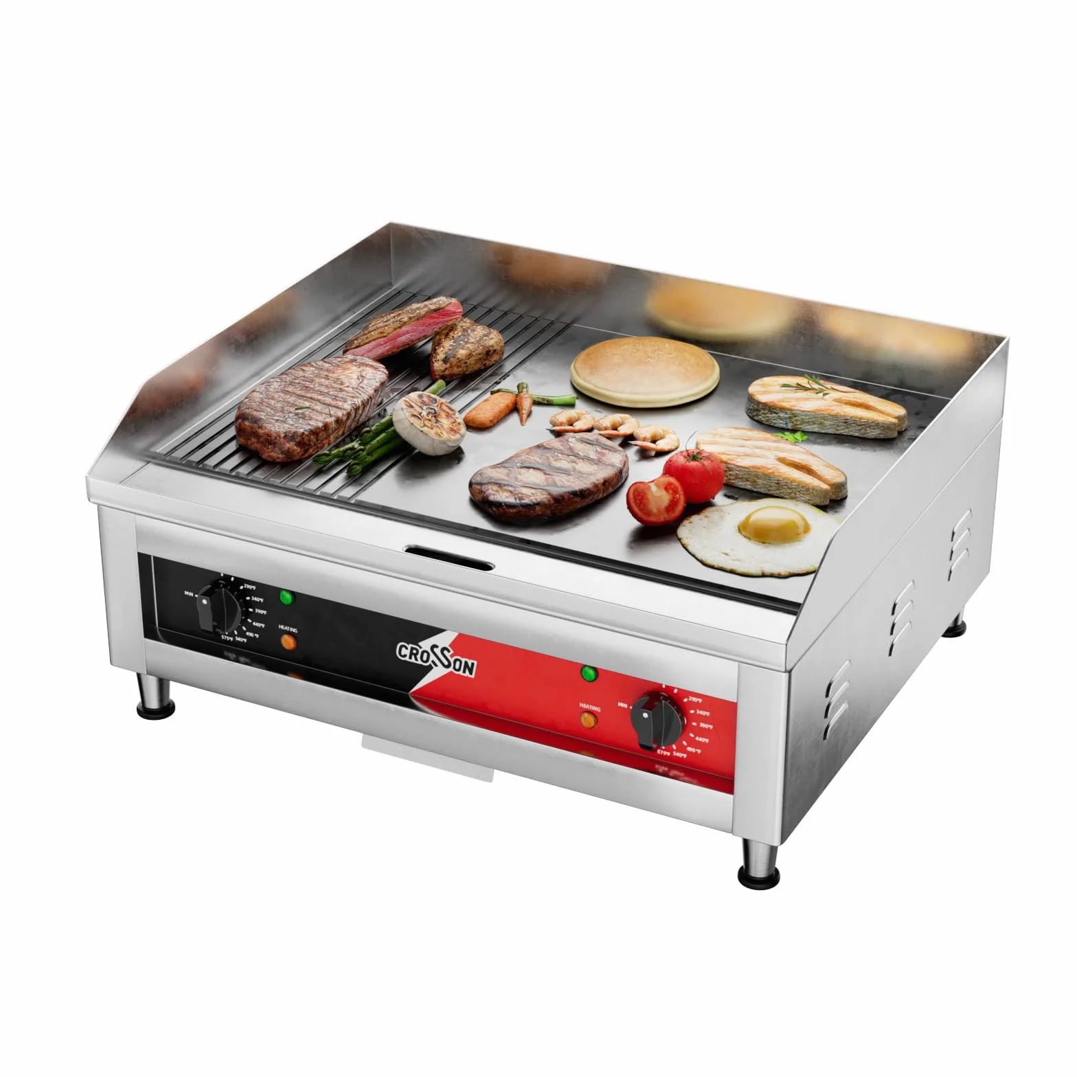 CROSSON Piastra Elettrica per Grigliare Professionale,60 x 40 CM Piastra Fry Top Elettrica Inox con Scanalatura,Doppia Temperatura 88-300 ° C con Spatola per Ristoranti Luoghi Pubblici,4000W