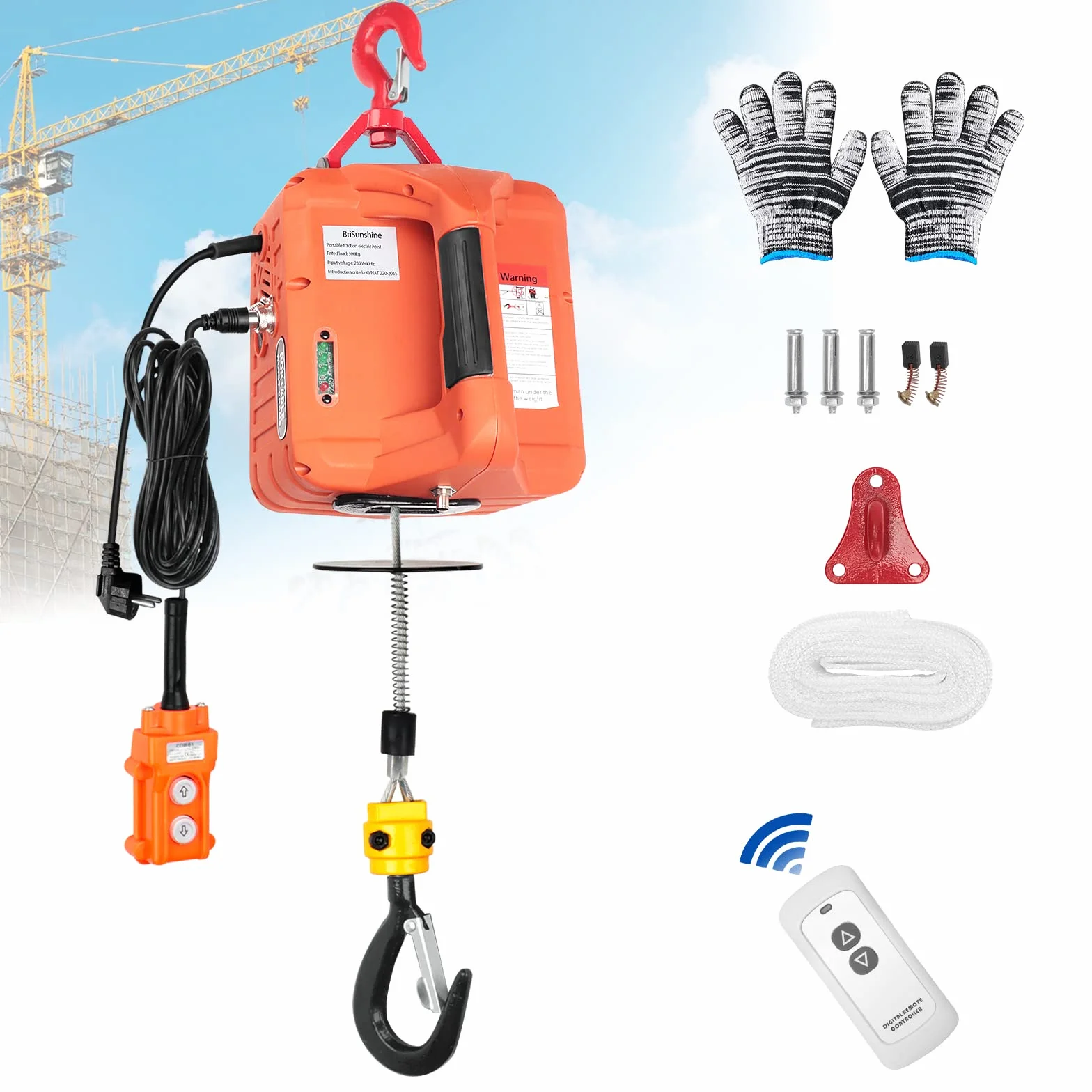 3 in 1 Argano Elettrico 500KG,1500W Paranco Elettrico per Cavi Argani Portatile 230V con Imbracatura di 7.6m per il Sollevamento,Manuale/Cavo/Telecomando,5M/Min