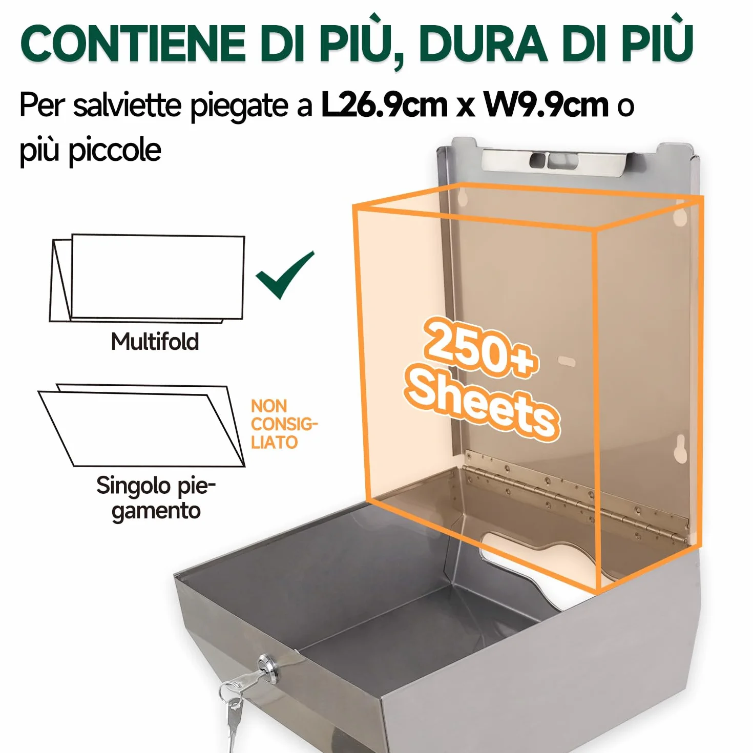 anydry Dispensatore di salviette di carta a montaggio murario 250 fogli acciaio inox satinato bloccabile multifold Z-fold