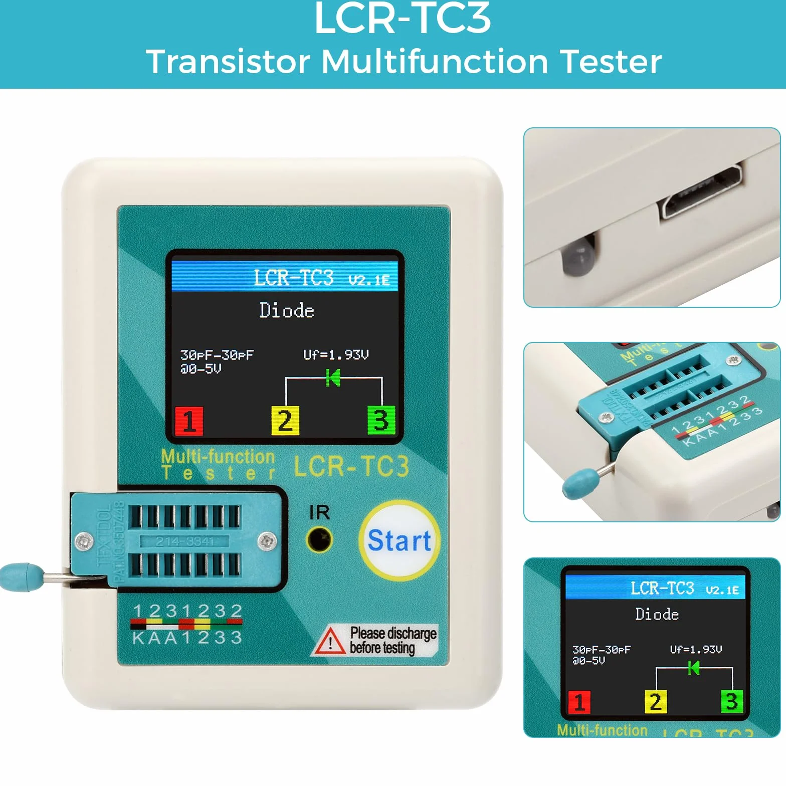 Tester Transistor LCR-T3, Transistor Multifunzione TFT con Display Grafico, Spegnimento Automatico, ESR NPN PNP MOSFET