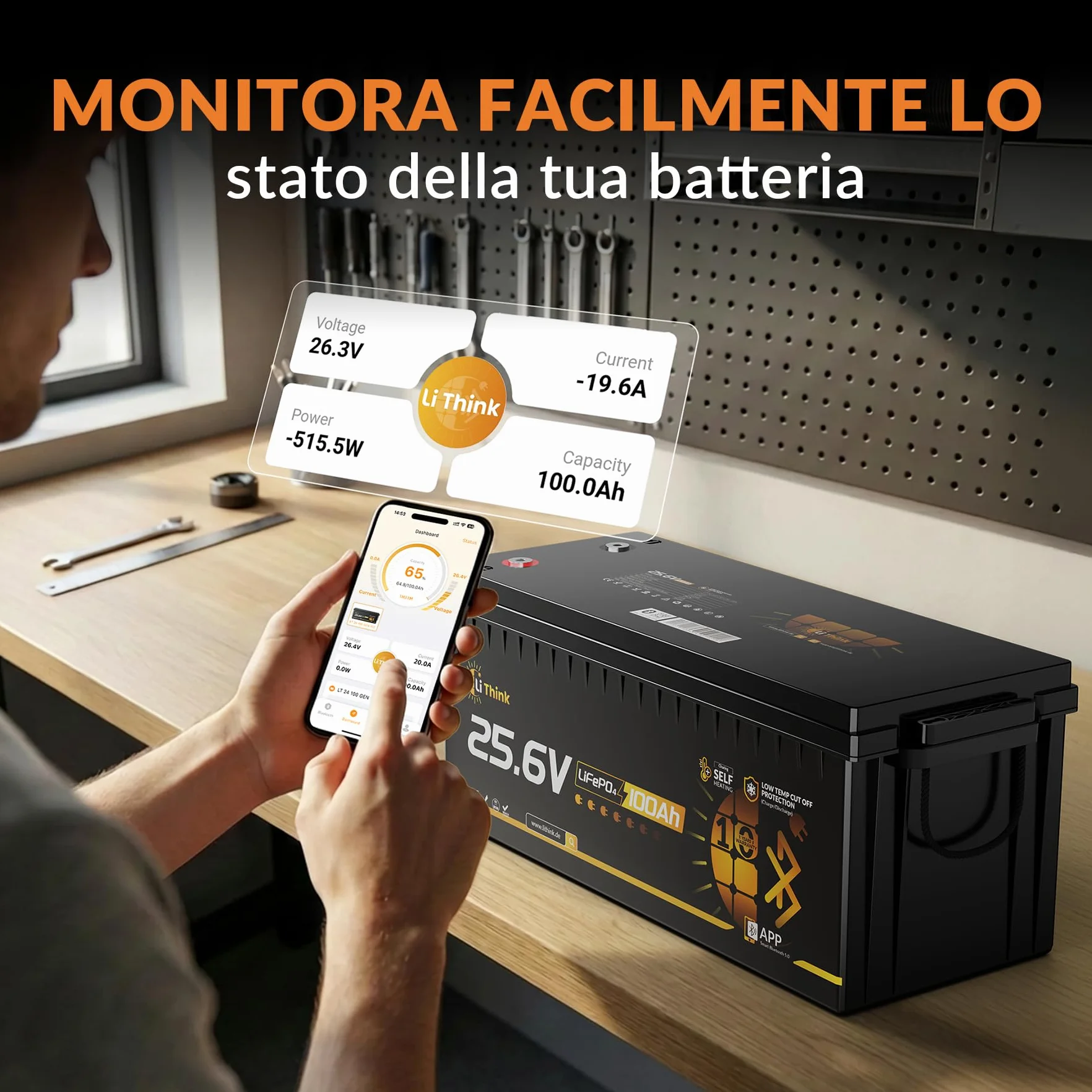 Batería LiFePO4 24V 100Ah Bluetooth, 150A BMS Protección Completa, 2560Wh Energía, Más de 15000 Ciclos y 10 Años de Vida Útil, Batería Solar, Camper, Barca y Sistemas Fuera de Red