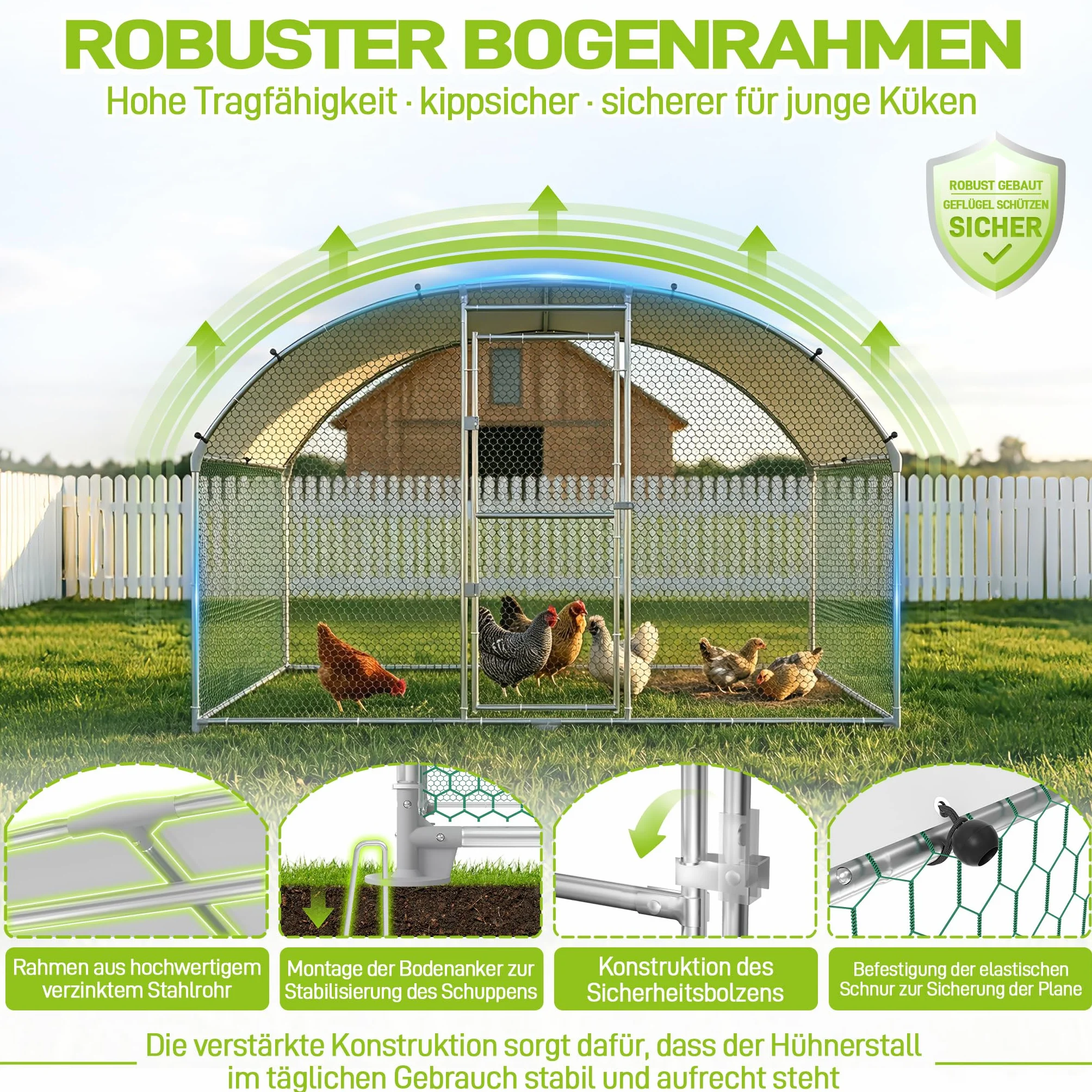 Froadp Pollaio 3 x 6 m gabbia per polli in metallo zincato Recinzione libera con protezione solare tetto e porta chiudibile a chiave, gabbie per pollo, pollame, conigli