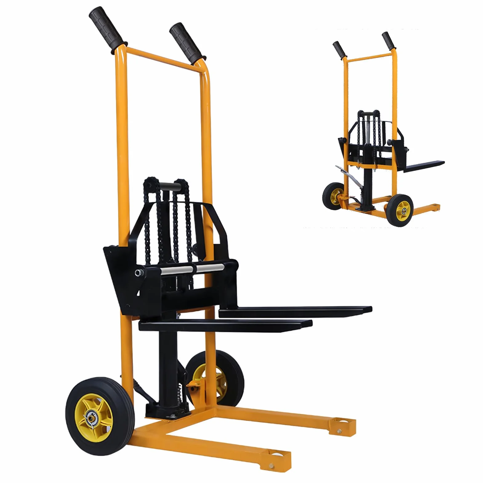 Transpallet manuale, Materiale carrello, tavolo sollevatore, elevatore manuale, sollevatore a forcella con gambe fisse e forchette regolabili, capacità 200 kg, altezza di sollevamento 90 cm