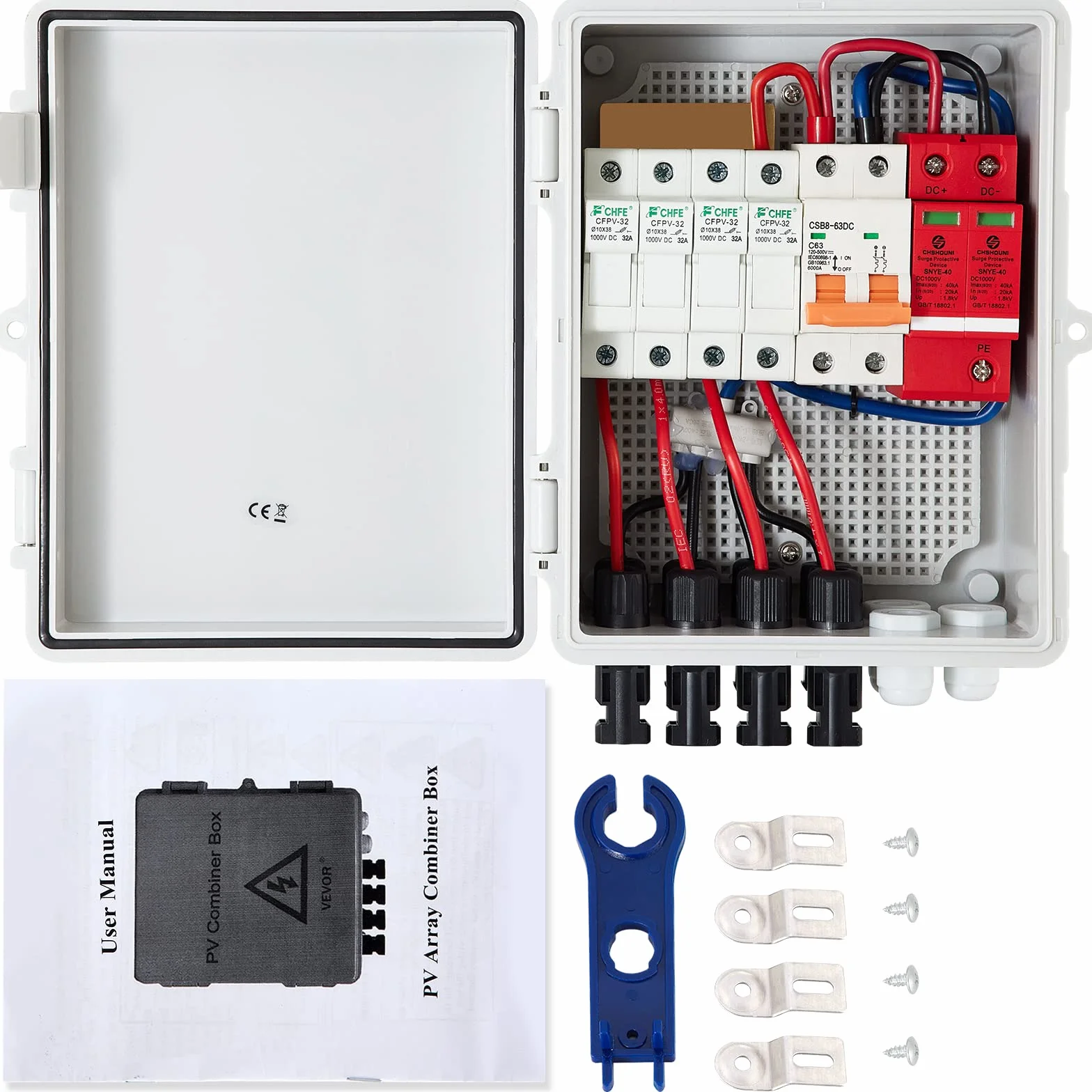 VEVOR Combinatore Fotovoltaico a 4 Stringhe Scatola Combinata Fusibili 15A, Scatola per Sistemi di Generazione di Energia Solare Fotovoltaica On-Grid/Off-Grid e Altri Sistemi di Pannelli Solari, ecc.