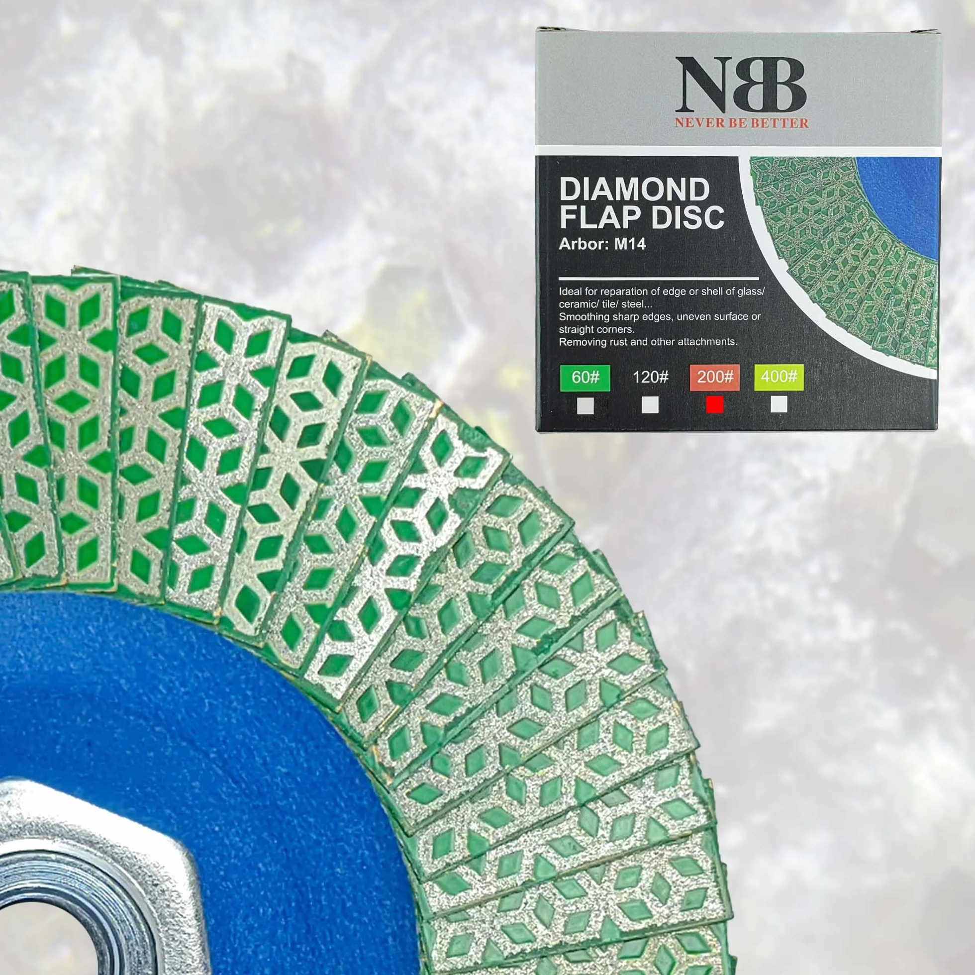 NBB - Ruota a lame diamantate, disco mola diamantata, lama di taglio, smerigliatura, levigatura, lucidatura per ceramica, gres, porcellana, pietra, granito, piastrelle, M14 flangia per smerigliatrice