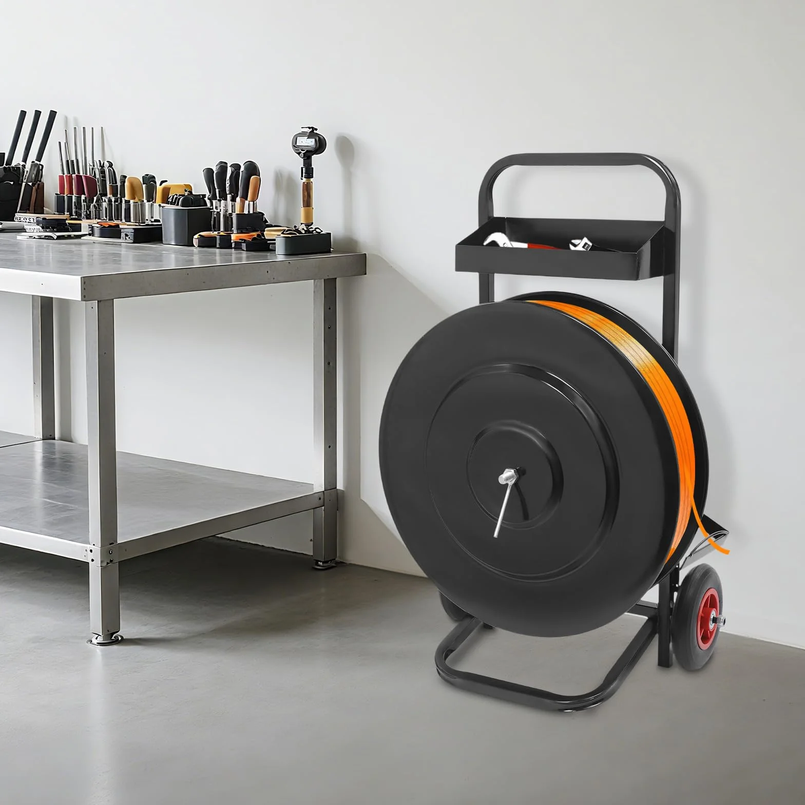 Carrello per reggette pesanti | Dispenser portatile per 80 kg di portata e compatibile con ruote da 200/400 mm | Robusto carrello per reggiatura in magazzino e officina