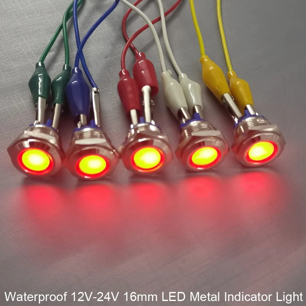 GUUZI LED Indicatore Luminoso 12V-24V 16mm Metallo Impermeabile con Cavo Rosso 5 pezzi