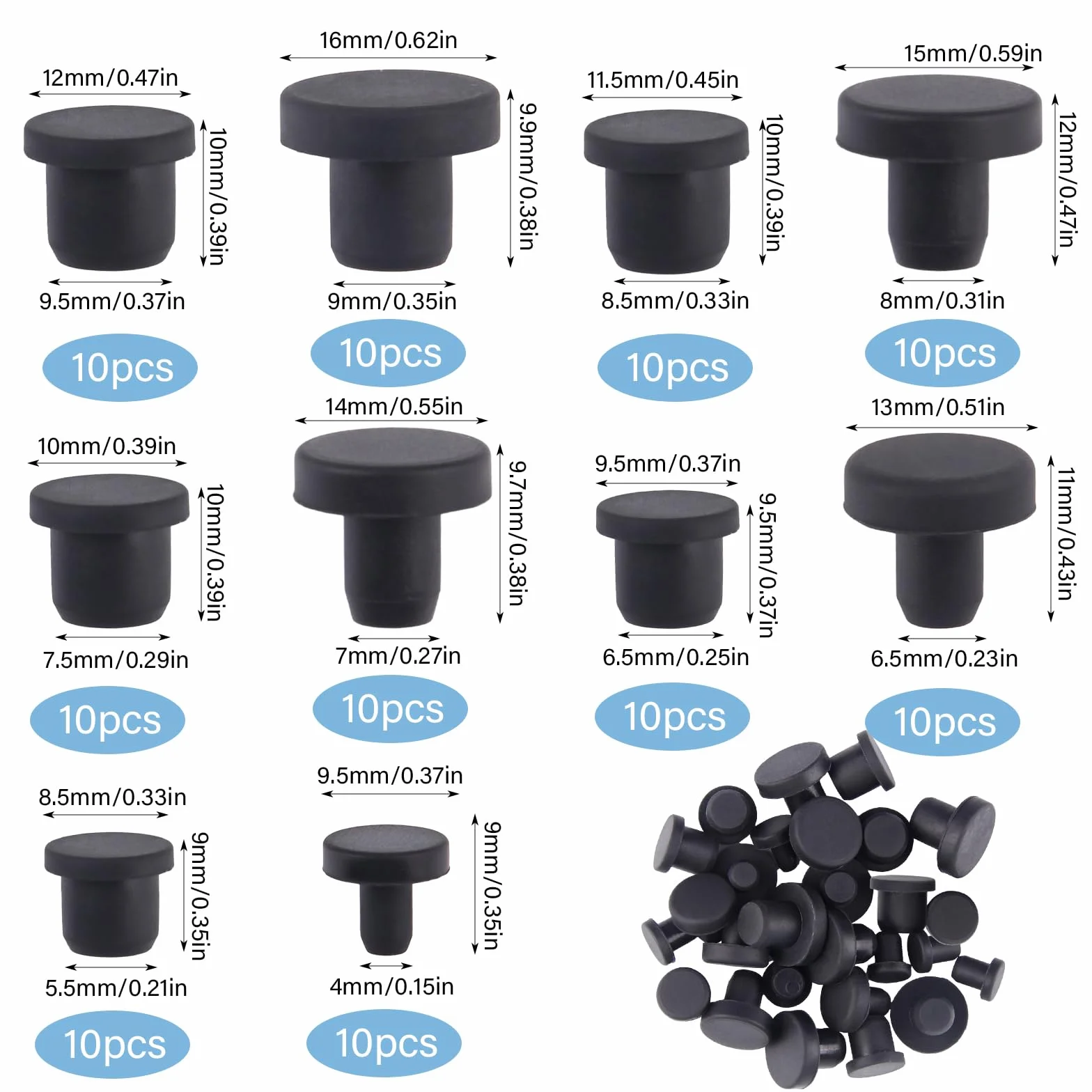 Set 100 Tappi per Fori in Gomma Siliconica 10 Misure Tappi di Plastica Silicone Gomma Tappo T-Förmige Gummistopfen Silikon 1 Transparenter Box für Löcher Mit 4-9.5mm Innendurchmesser Flaschen Rohre