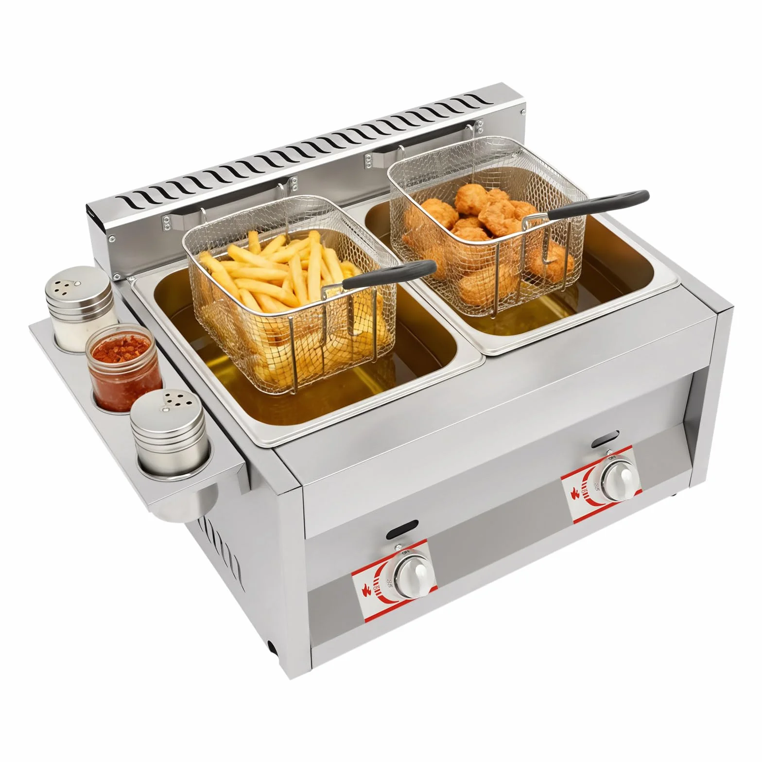 Friggitrice Professionale Doppia Vasca 12L, Friggitrice a Gas con 2 Bruciatori e Controllo Indipendente, Friggitrice per Ristorante Commerciale con Coperchi e Cestello Antiscottatura, Inox 430