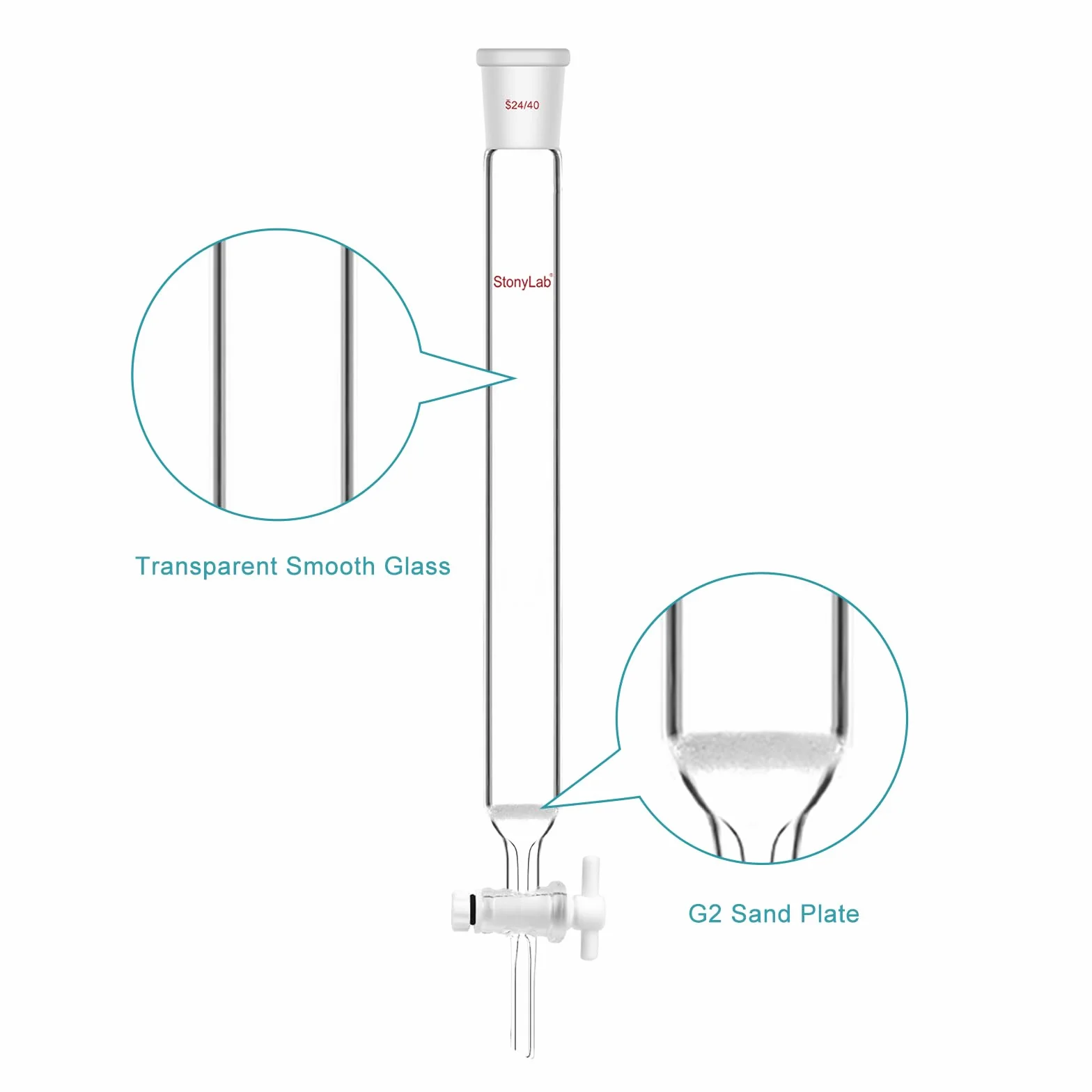 stonylab Colonna di Cromatografia, Diametro Interno di 25,4 mm, Lunghezza Effettiva di 254 mm, Tappo di Sabbia G2, Giunto Conico Standard 24/40, Vetro Borosilicato, per Applicazioni di Laboratorio