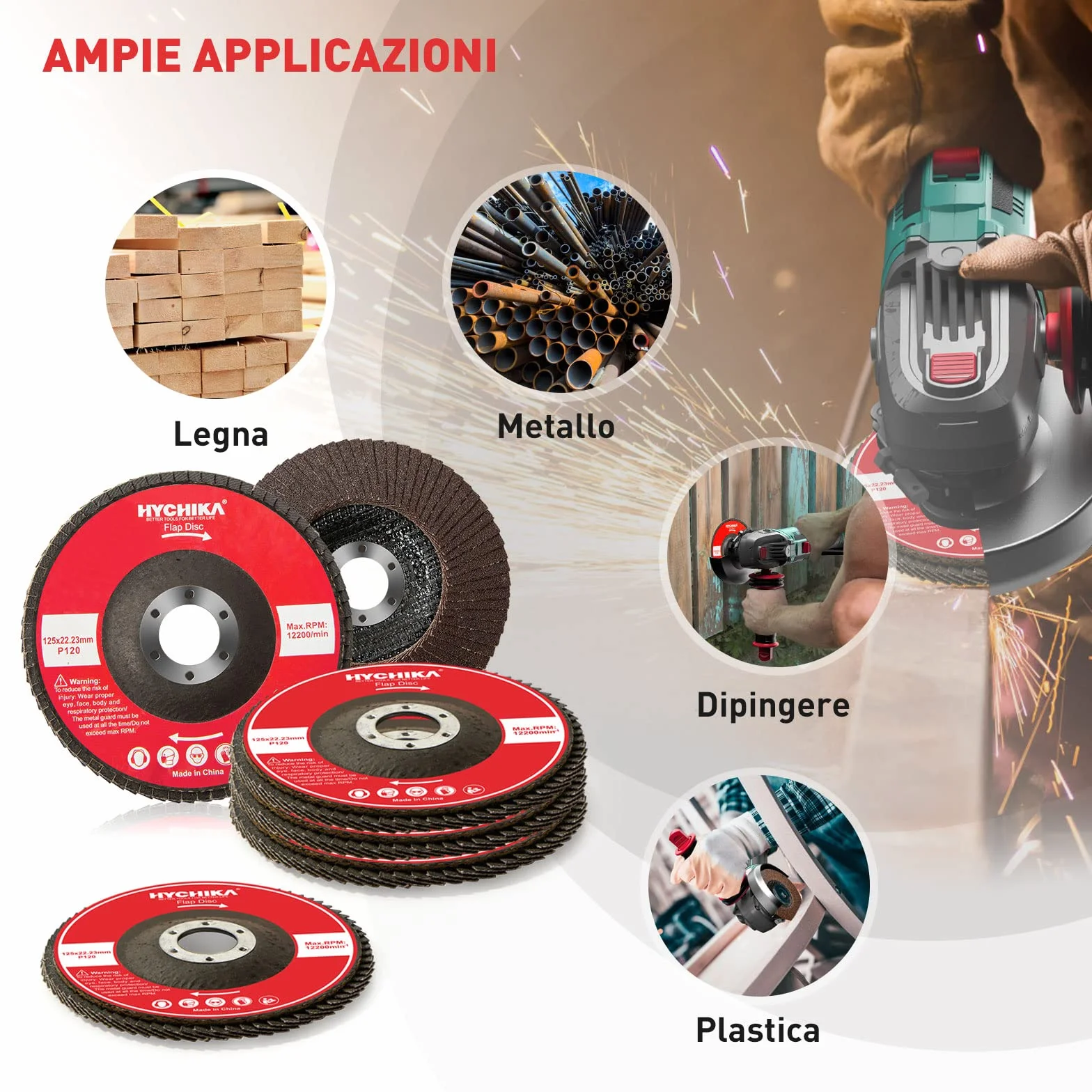 HYCHIKA Disco Lamellare 125mm, 10PC Dischi Lamellari Abrasivi Lamellari, Grana 120, Adatto per Acciaio Inossidabile Metallo e Legno per Smerigliatrice Angolare
