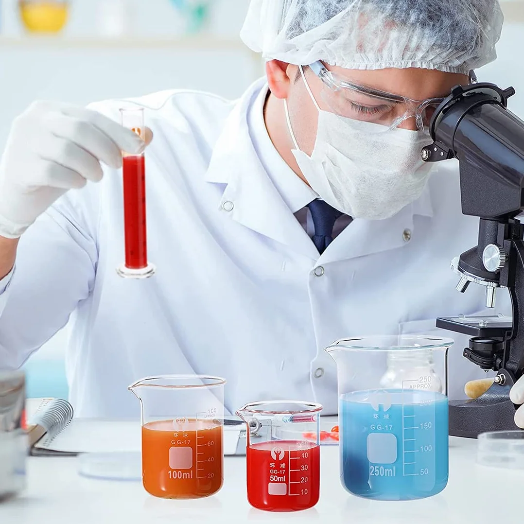 Becher Graduato in Vetro Borosilicato, JESSTOLO 5 Pezzi Graduato Misurazione Bicchiere 1000ml 500ml 250ml 100ml 50ml con 2 Pezzi Spazzolini di Pulizia, per Laboratorio Esperimento Chimico Medicina