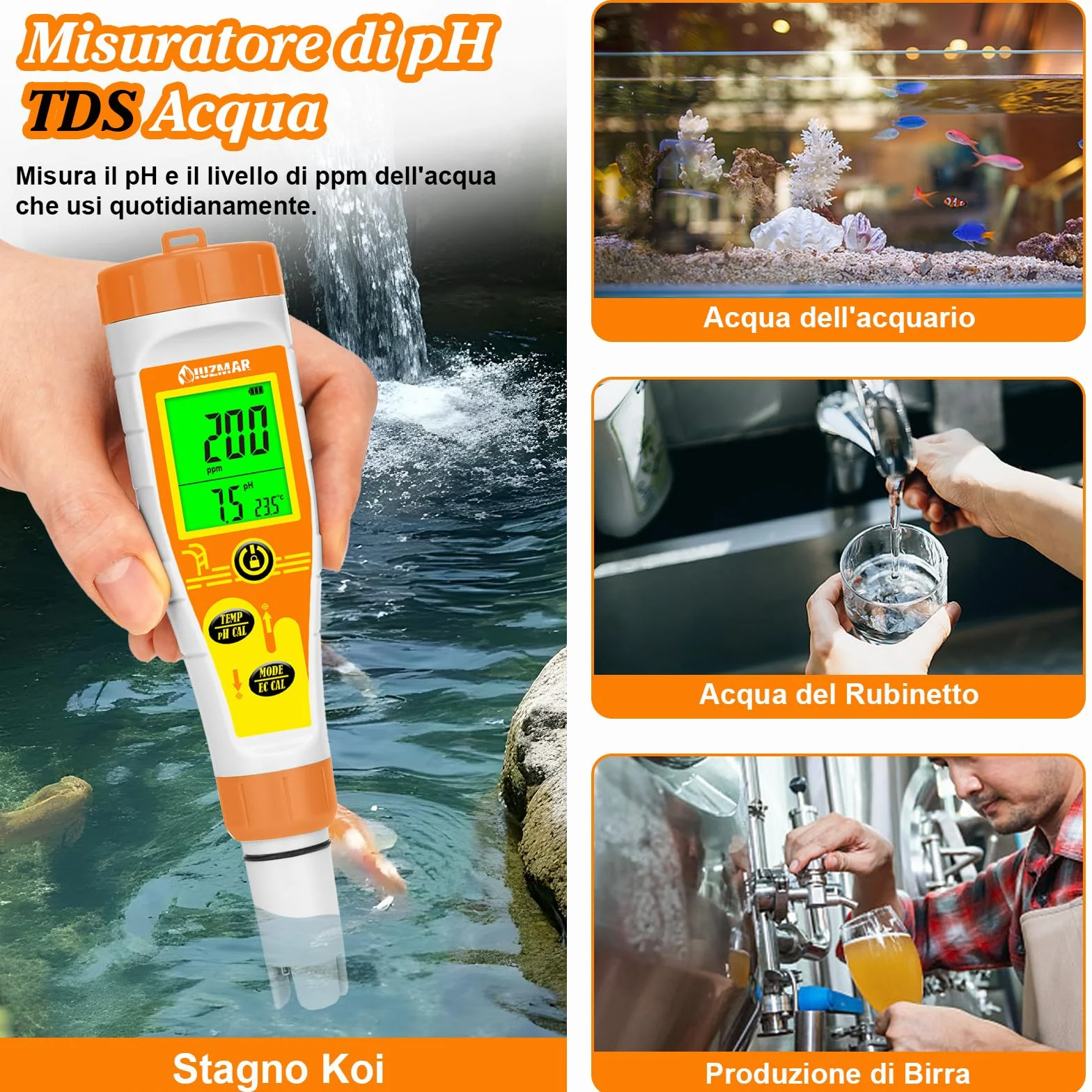 UIUZMAR Misuratore Salinità e pH Acqua, Misuratore pH Sale per Piscina, Misuratore Salinita pH EC TDS Temp 5 in 1 per Acquario Marino, Piscina Salata, Acqua Potabile, Idroponica