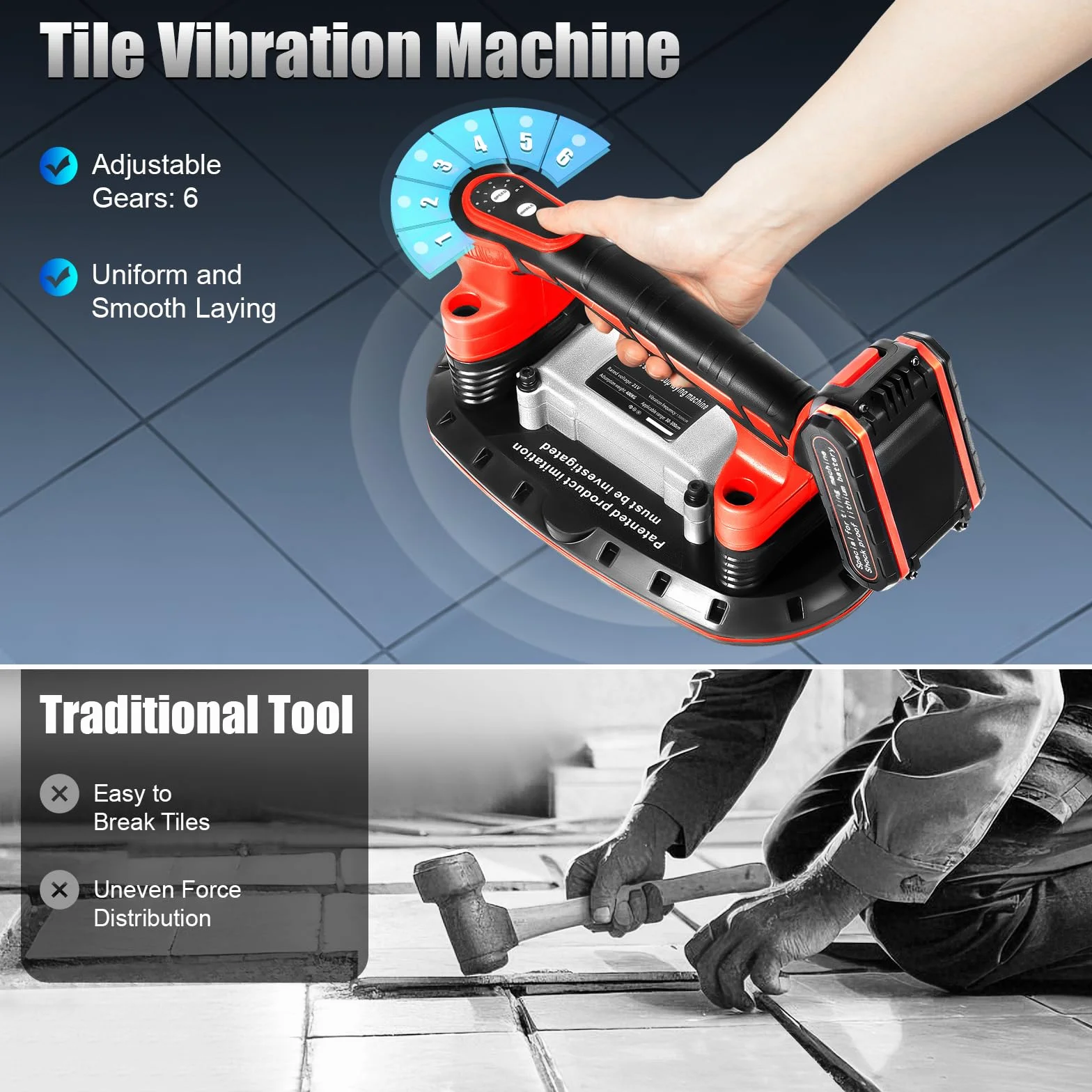 2 in 1, vibratore per piastrelle e ventosa, 21 V, potenza di aspirazione 80 kg, dispositivo vibrante a 6 marce, per piastrelle, vetro/marmo, ventosa 28 x 15 cm, 3000 – 13000 giri/min, con batteria da