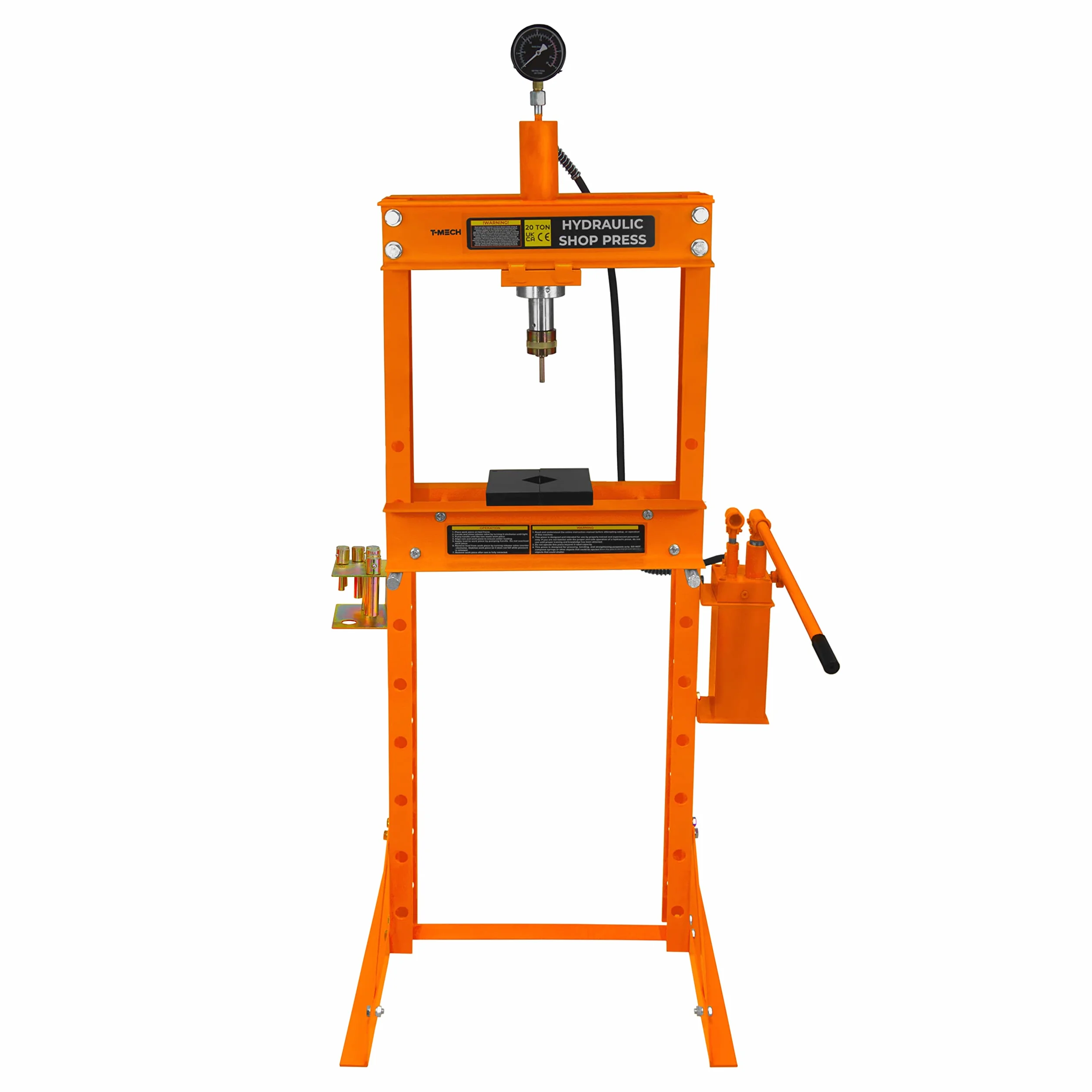 T-Mech Pressa idraulica da Officina 20 tonnellate da Pavimento in Acciaio Manometro Staccabile Pompa a Mano Regolabile 0-1015 mm Area di Lavoro Verticale Officina Garage 8 cilindri e 1 Adattatore