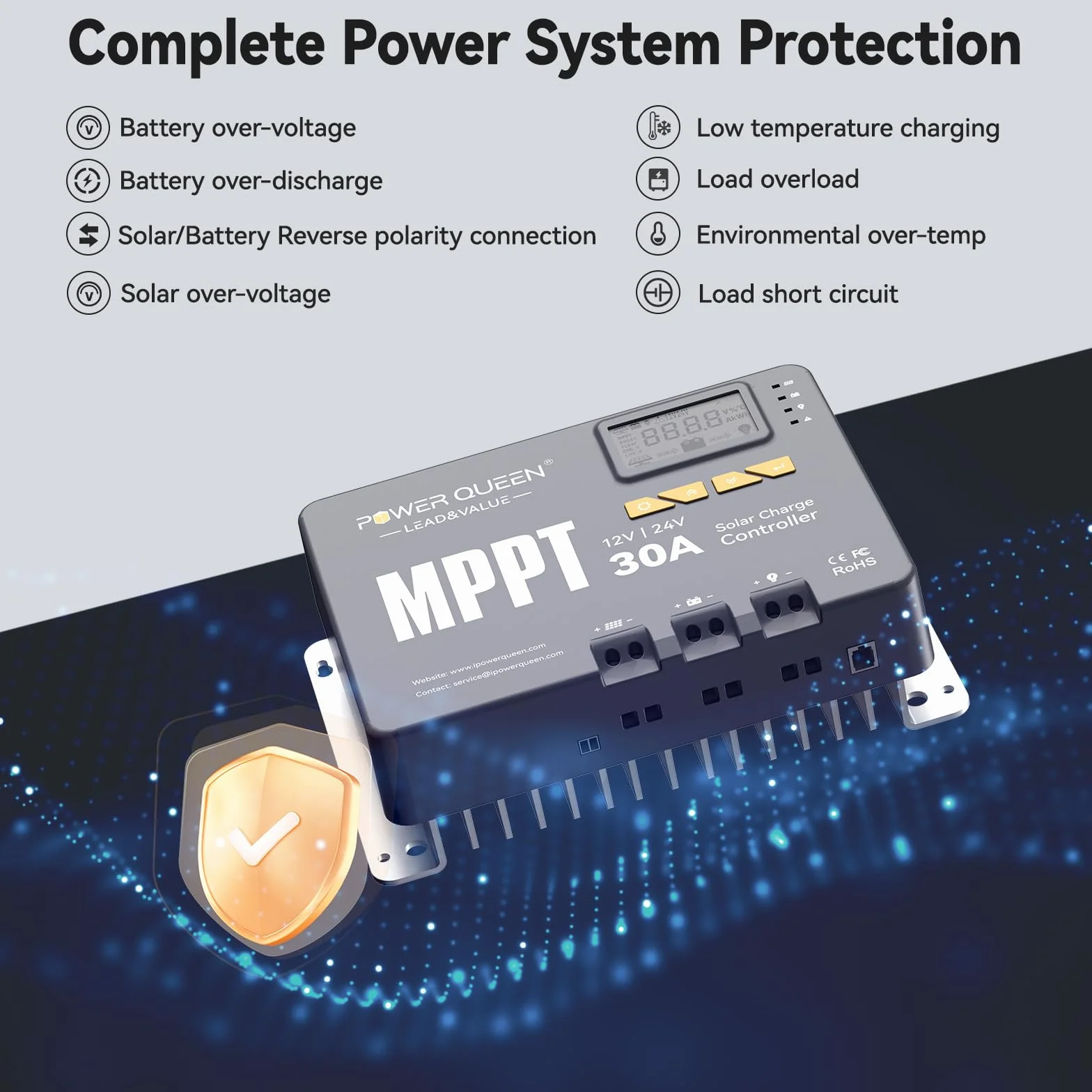 Power Queen 12/24 V 30A MPPT Regolatore di carica solare, potenza di ingresso max. 900 W, modulo Bluetooth integrato, display LCD, standard per batteria LiFePO4 e compatibile con batterie sigillate al