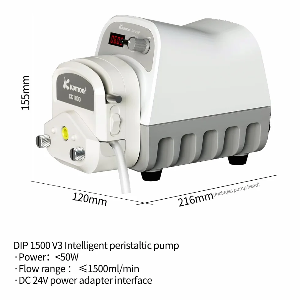 Kamoer DIP1500 V3 Pompa tubolare 24 V 1500 ml/min alto flusso intelligente velocità variabile 0,1 – 400 giri/min pompa dosatore liquido 3 rotori schermo LED RS485 7,9 mm x 11,1 mm (ID x OD)