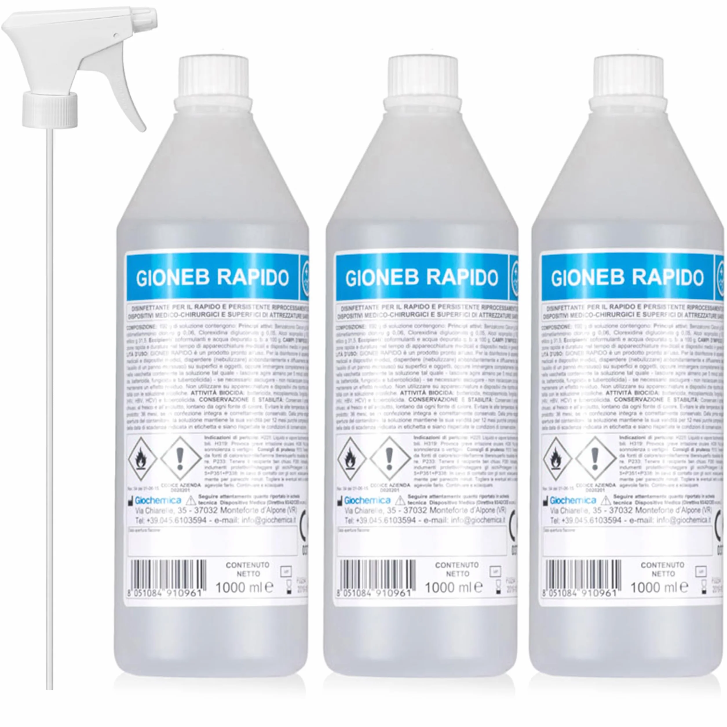 Disinfettante spray per superfici e strumenti chirurgici ad ampio spettro, 3 flaconi da 1000 ml, Pronto uso - GIONEB RAPIDO