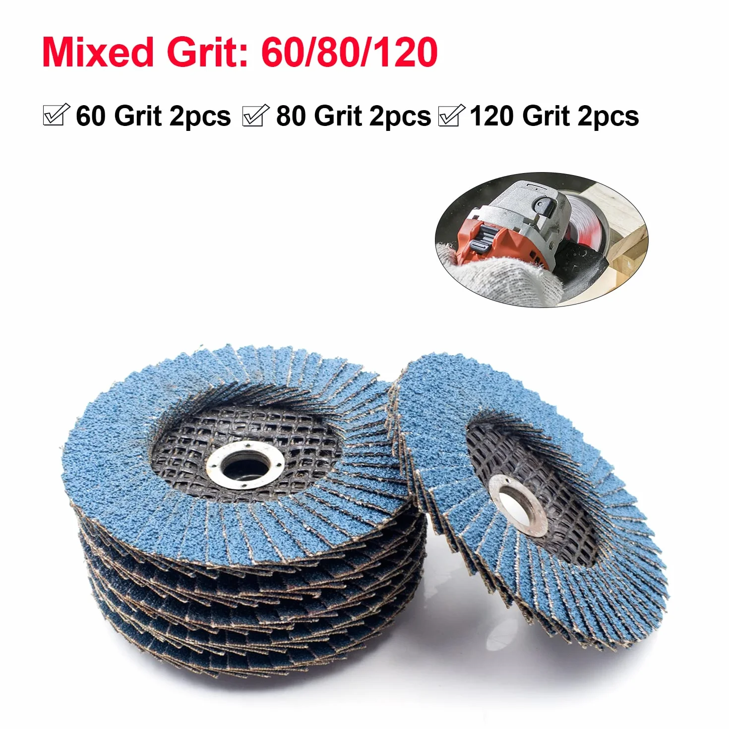 Set di dischi lamellari, 6 pezzi da 75mm, grana 60/80/120, per acciaio inox e legno, per Smerigliatrice angolare a batteria