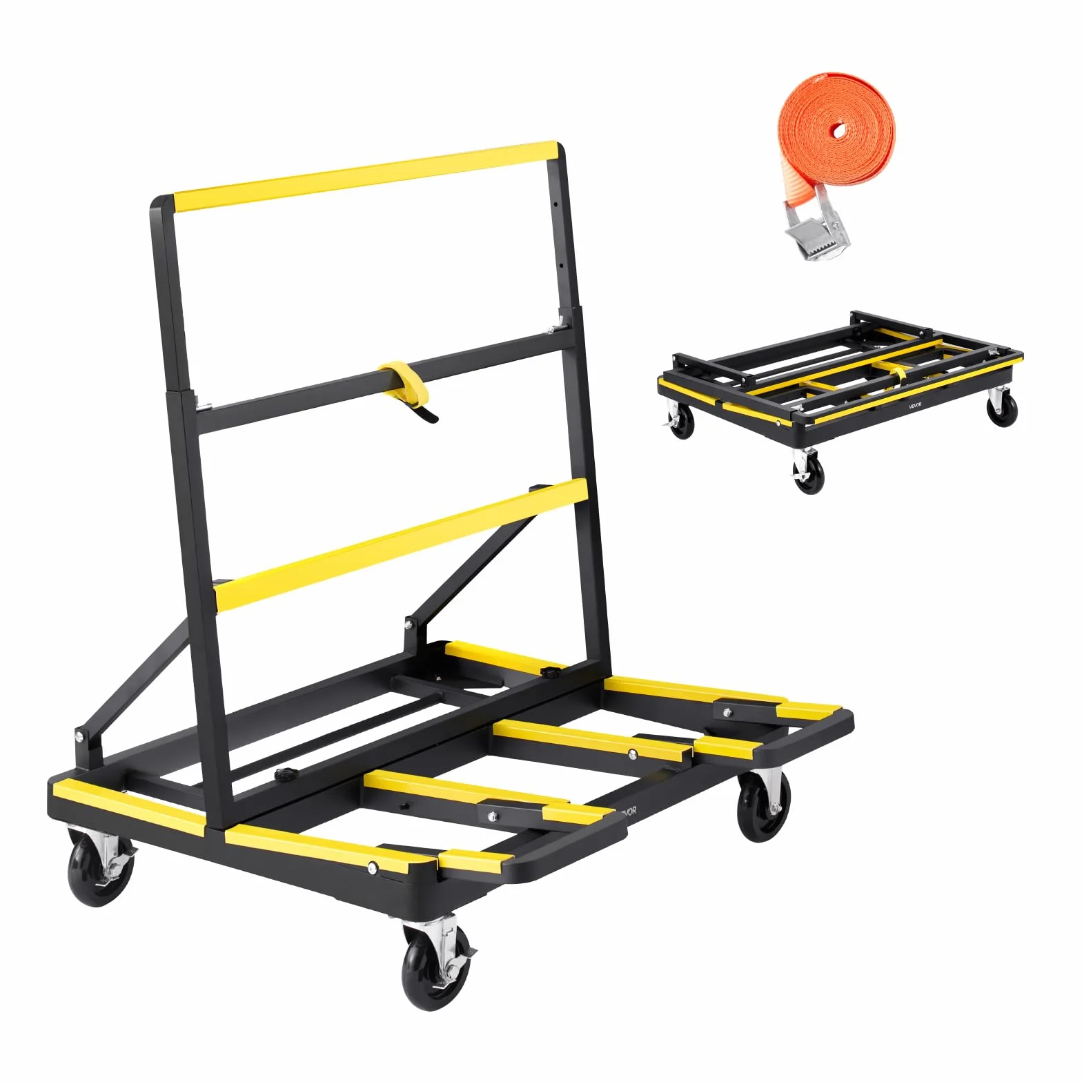VEVOR Carrello per Cartongesso, Capacità di Carico 816 kg, in Acciaio con 4 Ruote Girevoli e Piano Espandibile, Carrello per Pannelli con Piattaforma Pieghevole con Cinghia di Fissaggio