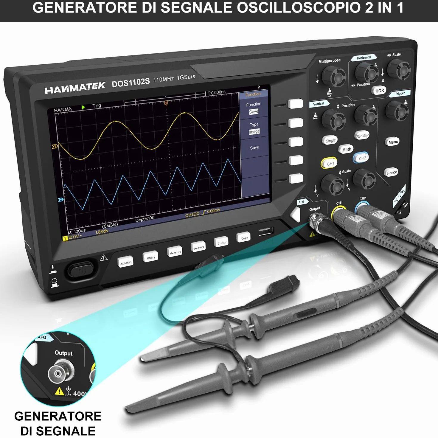 HANMATEK 2 in 1 Oscilloscopio Digitale Generatore di Degnale DDS con Larghezza di Banda 110 MHz, 2 Canali e Display TFT-LCD, Frequenza di Campionamento 500 MS/s *2