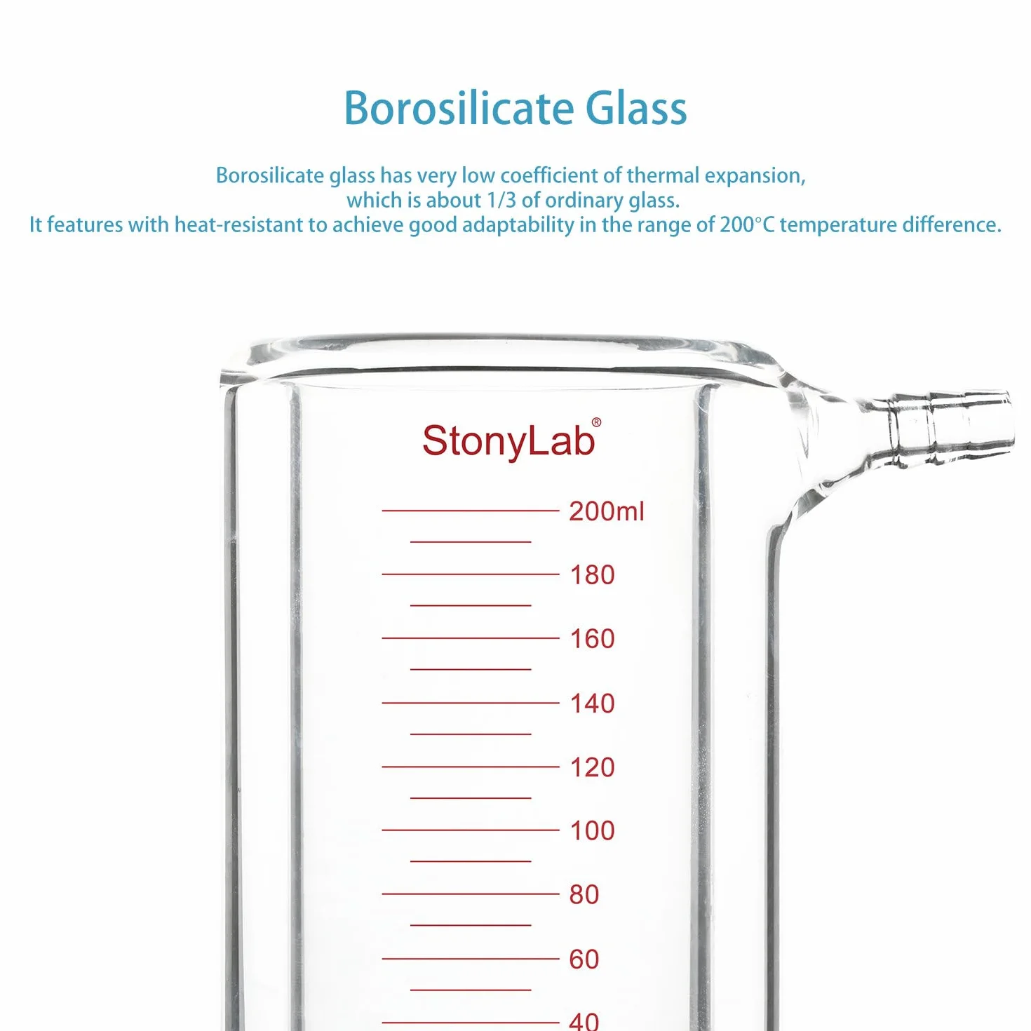 stonylab Becher a Doppia Parete in Vetro, 200 ml, Borosilicato Graduato, Fondo Piatto, Doppio Strato per Reazioni da Laboratorio