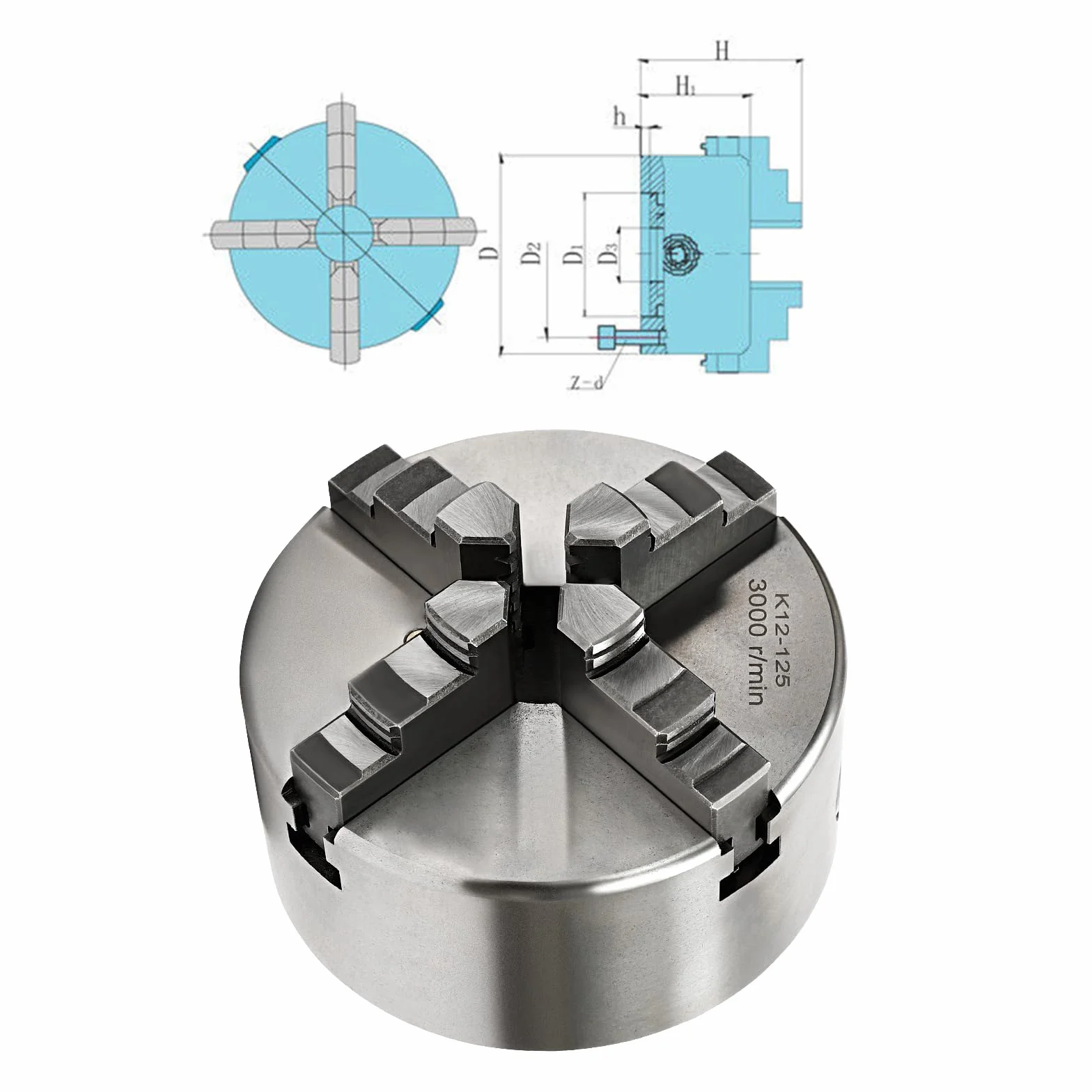 Mandrino a quattro ganasce autocentrante Chuck 4, tornitrice, mandrino trifase Ø 80/100/125 mm, per lavori di fresatura, foratura e tornitura (125 mm)