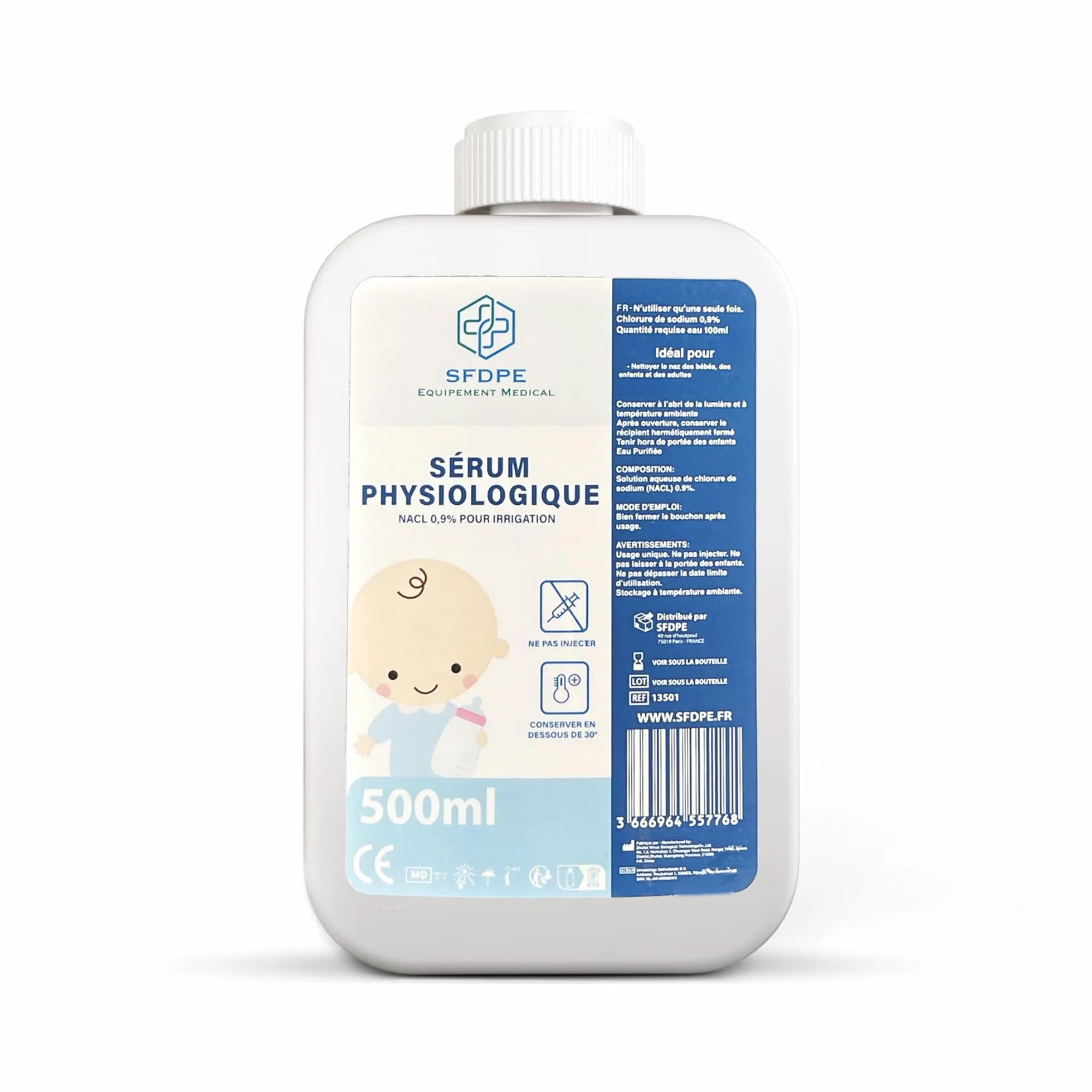 NaCl 0,9% 500ml, soluzione fisiologica isotonica per la pulizia del naso del bambino, soluzione salina per la pulizia delle ferite, soluzione per naso e occhi SFDPE.