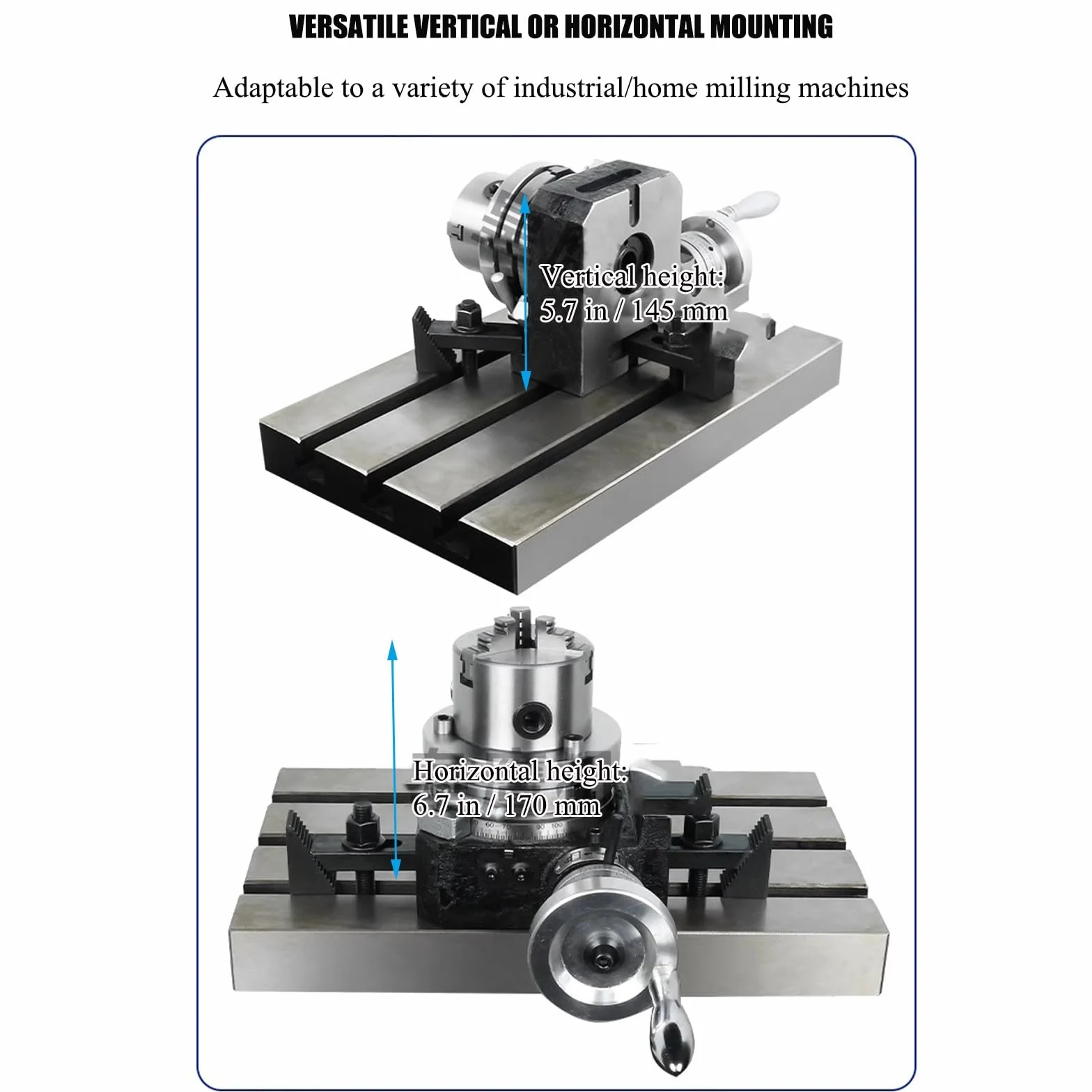 DONGXIAO Tavola Rotante fresatura precisione con mandrino a 3 Griffe 3,1''/80 mm, Modello Orizzontale Verticale, tavola Rotante fresatrici, 4''/100 mm, Utensili indicizzazione fresatura e ingegneria