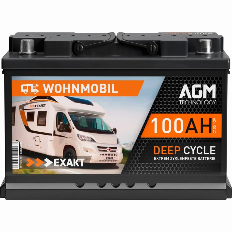 EXAKT Batteria AGM 100Ah 12V batteria per Camper Caravan Sistemi Off-Grid Pannelli Solari Barca resistente ai cicli Sigillata Senza Manutenzione