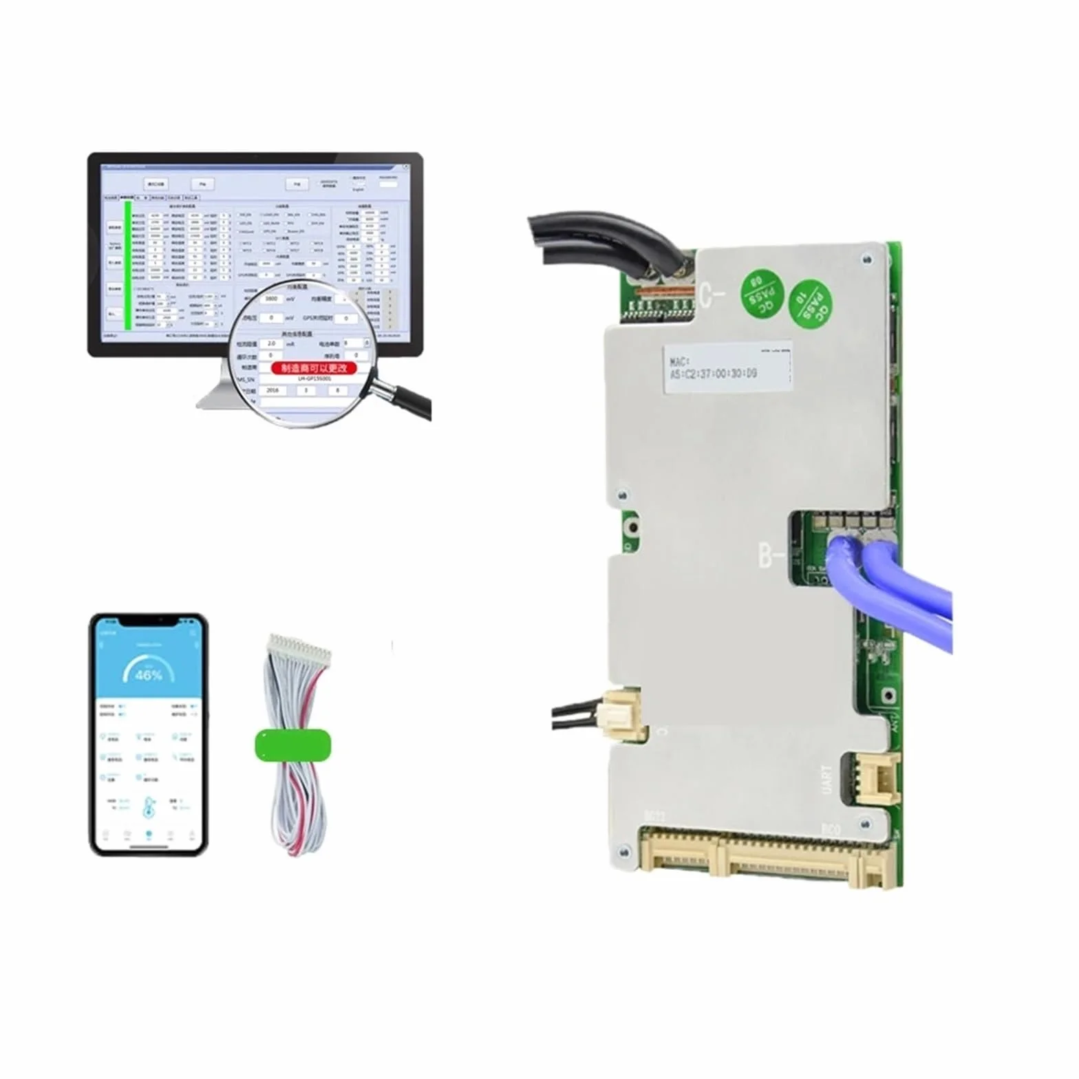 Piastra di protezione della batteria agli ioni di litio Bilanciatore BMS 6S 8S 10S 12S 14S 15S 16S 18S 20S 21S 22S BMS Lifepo4 100A 80A 50A 40A 24V 36V 48V 60V BT integrato con NTC(Li-ion 6-21S,80A UA