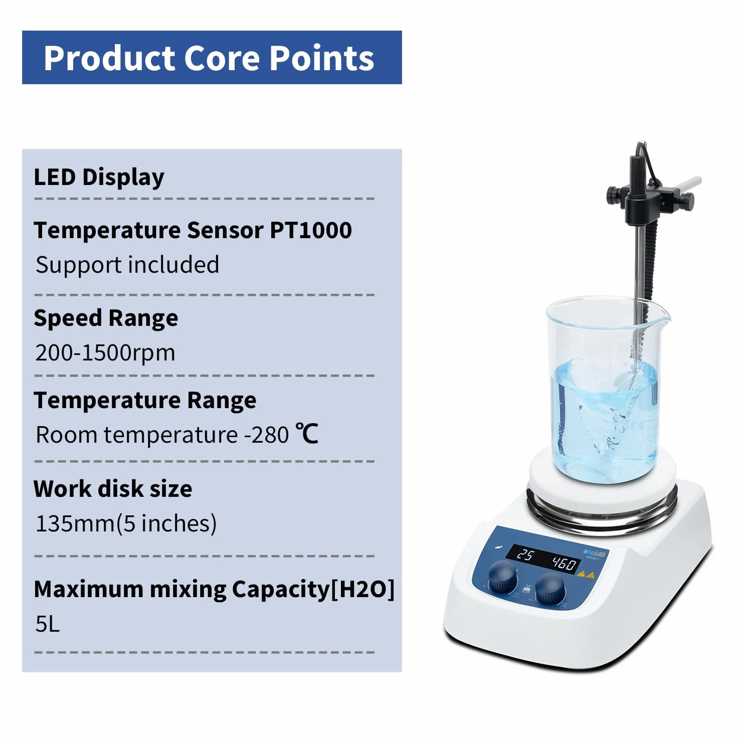 ONiLAB 280 ℃ - Miscelatore magnetico digitale a LED con piano di lavoro in acciaio inox rivestito in ceramica, 200-1500 giri/min, sensore sonda di temperatura, supporto e asta di miscelazione
