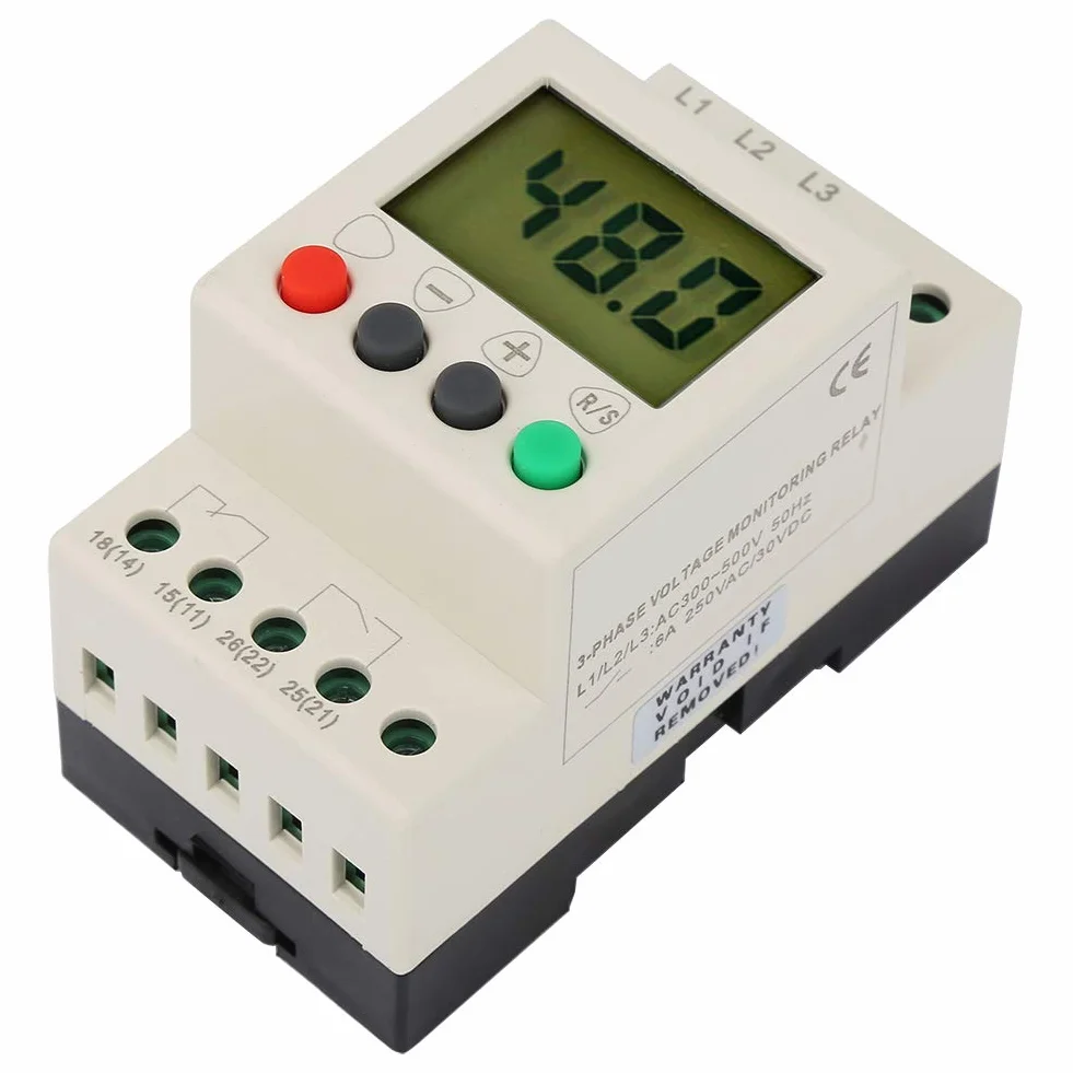 Relè di Monitoraggio Trifase 380V AC 50Hz, Relè di Protezione Sequenza e Tensione, Display Digitale per Sovratensione, Sottotensione e Tensione Squilibrata, per Installazioni Elettriche Trifase