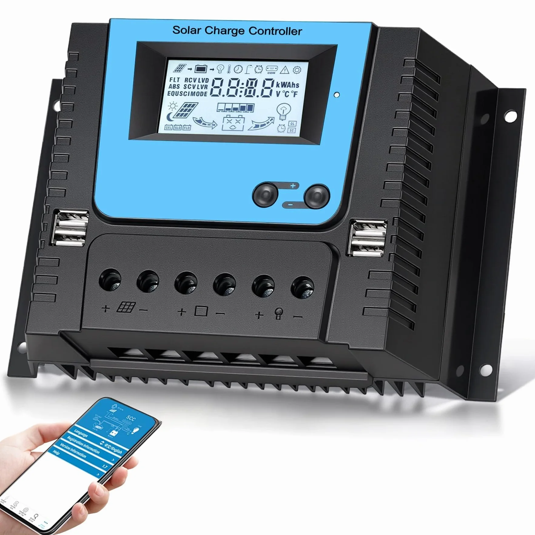 80A Regolatore di Carica Solare Con Bluetooth, PWM 80A Regolatore Carica Solare con Sensore Temperatura, LCD Display, 4 USB porte, Adatto varie 12V 24V 36V 48V Piombo e Litio Batterie