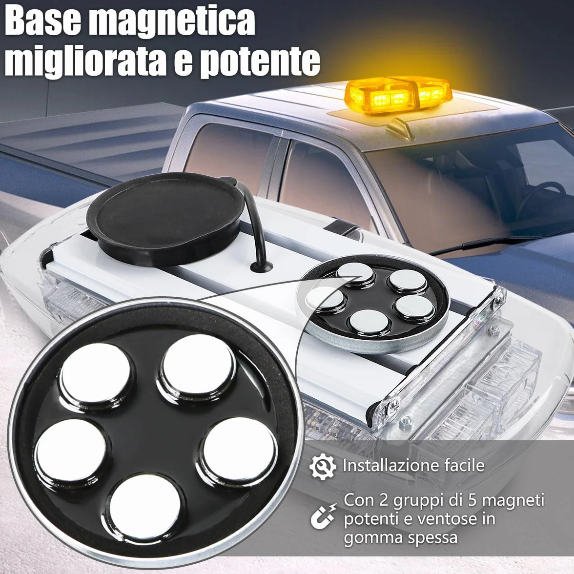 Mini Barra LED Stroboscopica Magnetica 36 LED Ambra 12V/24V, Luce di Emergenza con 7 Modalità Flash IP66 per Camion, Taxi, Veicoli da Cantiere e Sicurezza Stradale