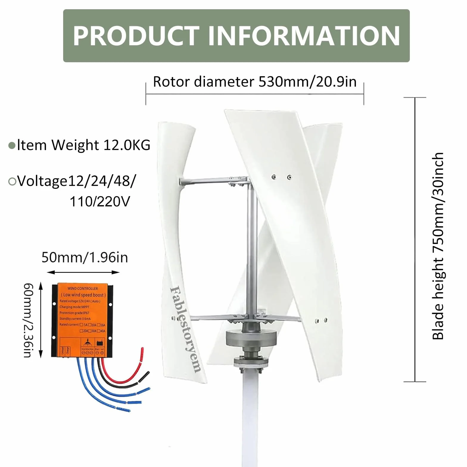 Generatore Eolico Verticale da 14000W Kit Energia Eolica 12V 24V 48V 110V 220V 3 Pale con Controller Kit Turbina Eolica per Integrazione Energetica Domestica,White-24V