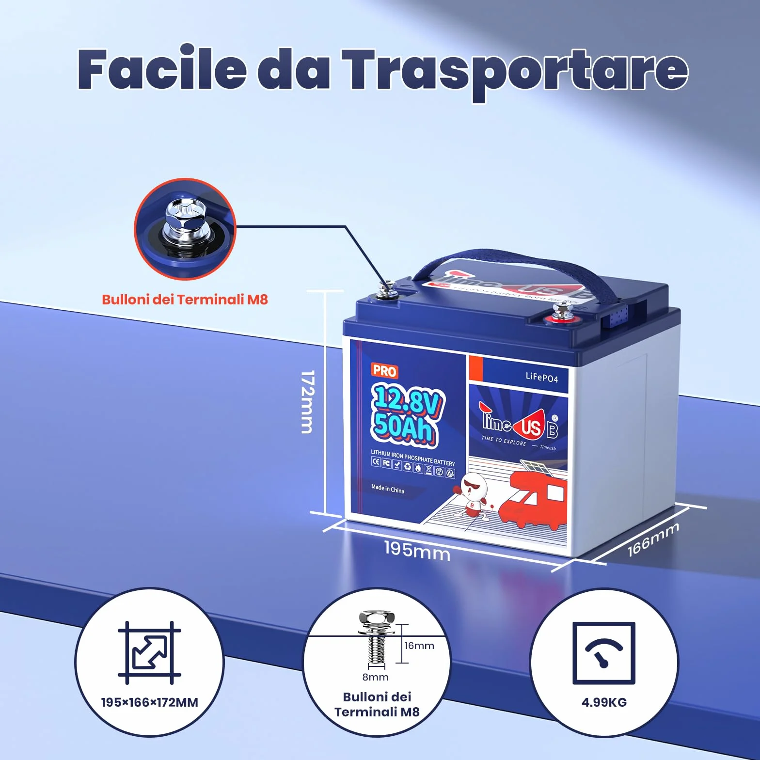 Timeusb Batteria Litio 12V 50Ah LiFePO4,640Wh per Camper e Pannelli Solari | 50A BMS con 15.000 Cicli Profondi,Batteria Ricaricabile Perfetta per RV,Off-Grid,Sistema Solare,Barca,Trolling Motor