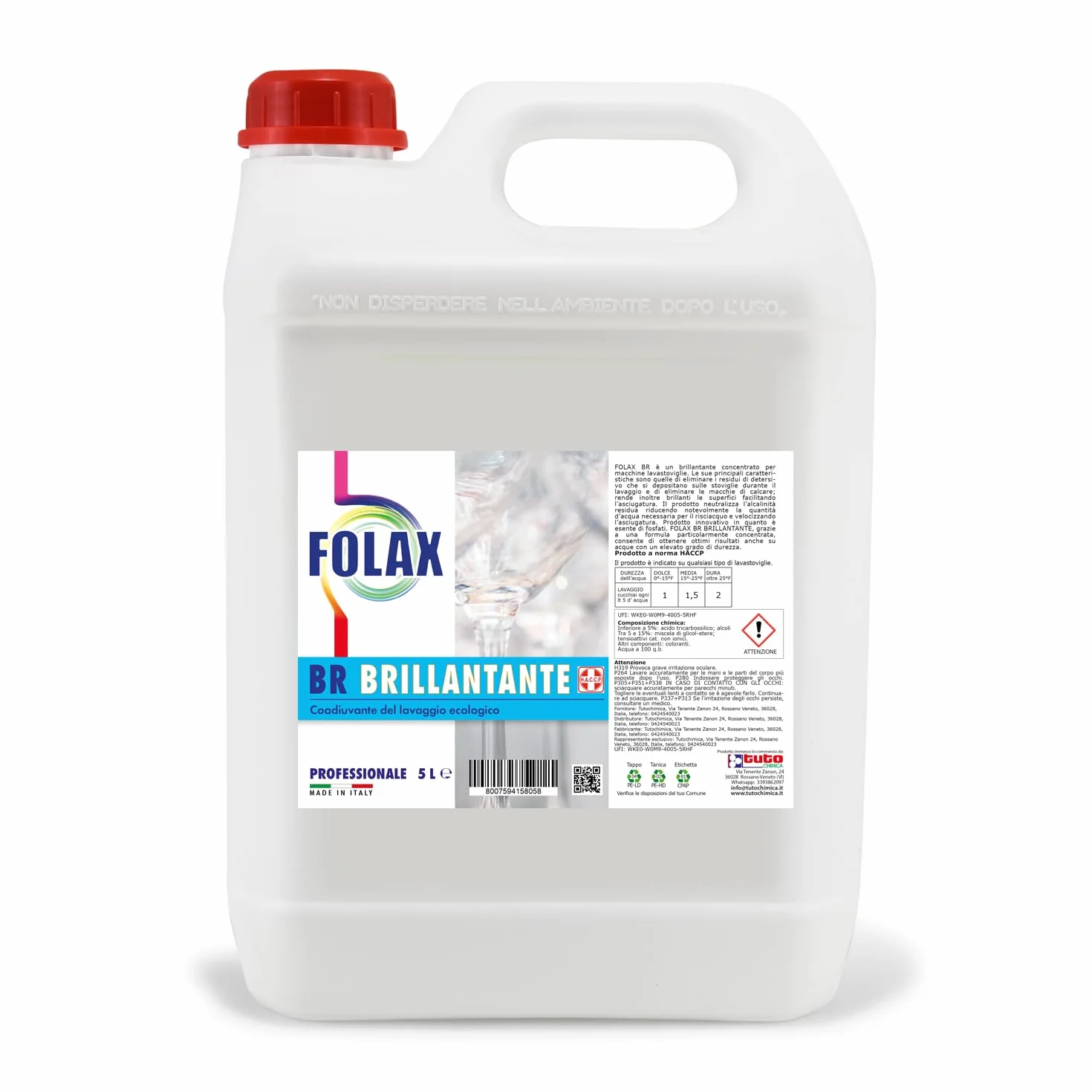 Brillantante Lavastoviglie Professionale, Additivo Lavastoviglie, Pulizia Rigenerante, Anticalcare, Detergente Industriale, Ho.Re.Ca., HACCP. FOLAX BRILLANTANTE LAVASTOVIGLIE LT 5