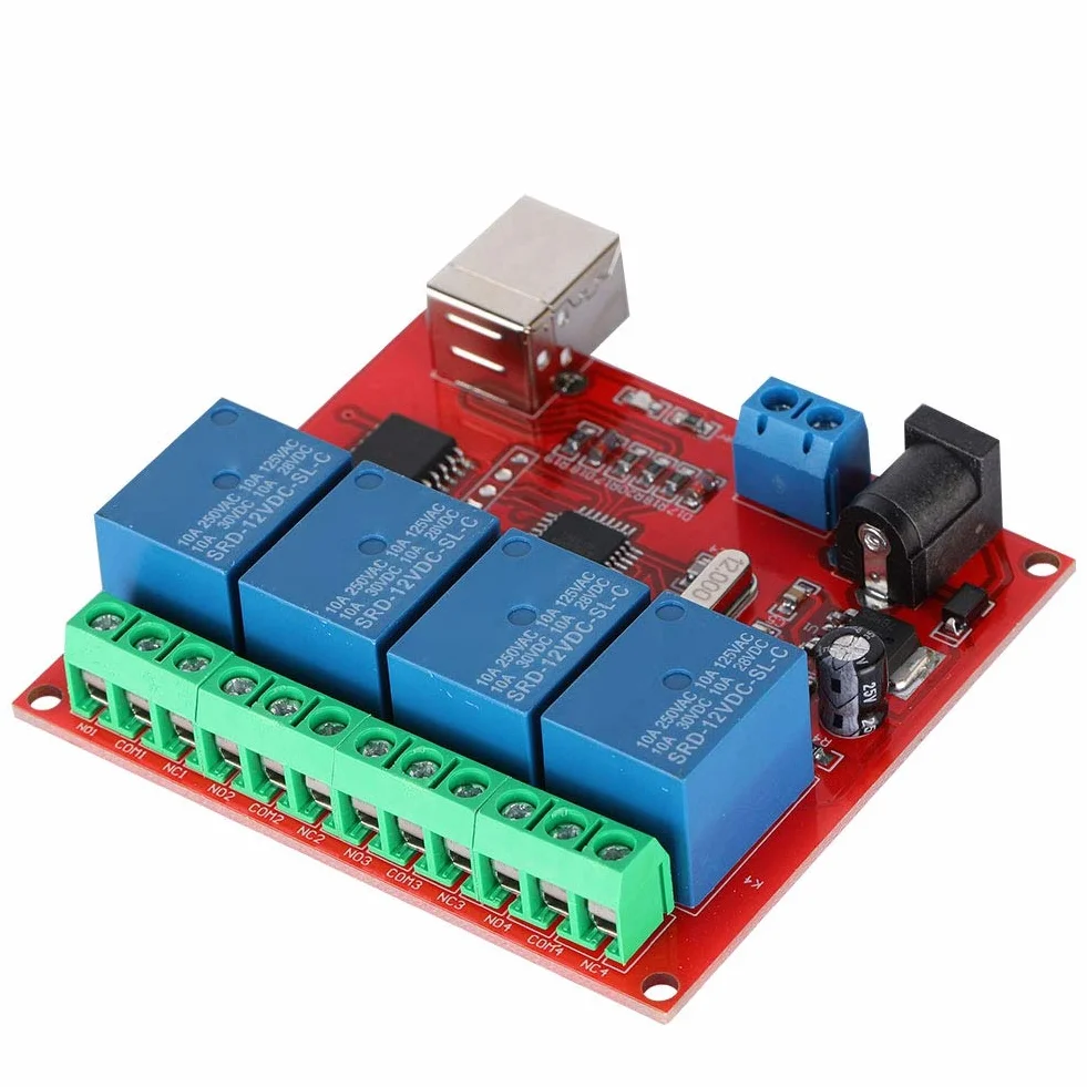 ASHATA Modulo Relè 12V DC a 4 Canali, Controller USB Smart Switch per Computer, Scheda di Espansione USB per PC