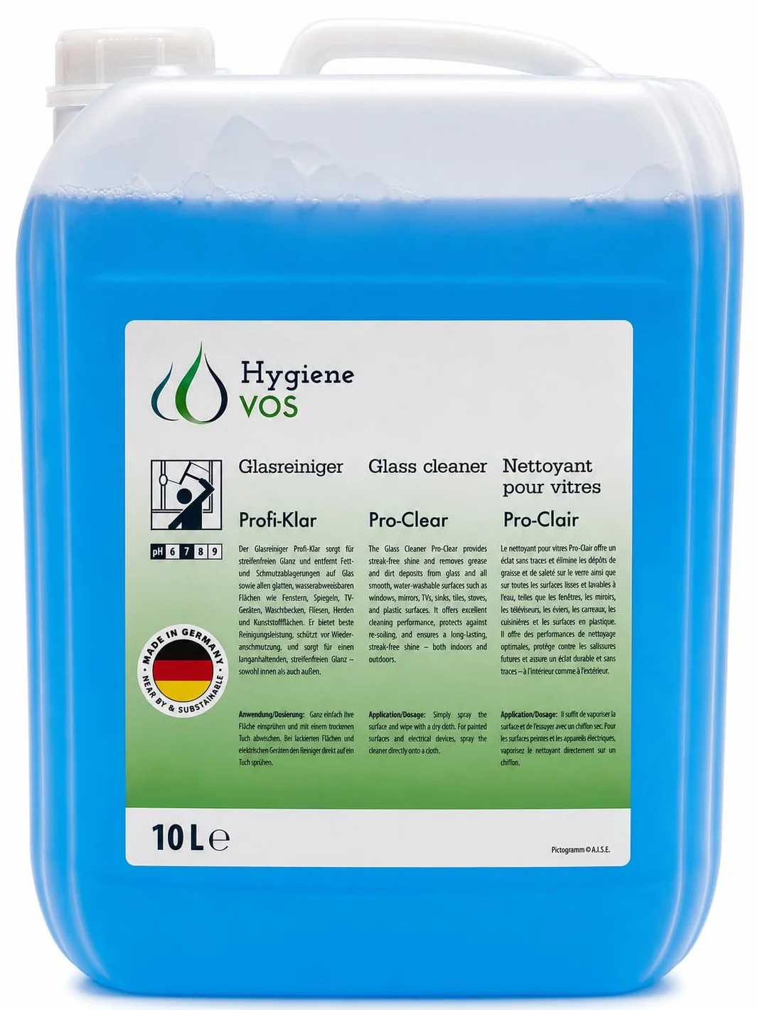 Hygiene VOS Profi-Klar. Lavavetro Trasparente totale di 10 litri. Per tutti i tipi di superfici smaltate, specchi e piastrelle, lasciandoli brillanti e senza sprechi