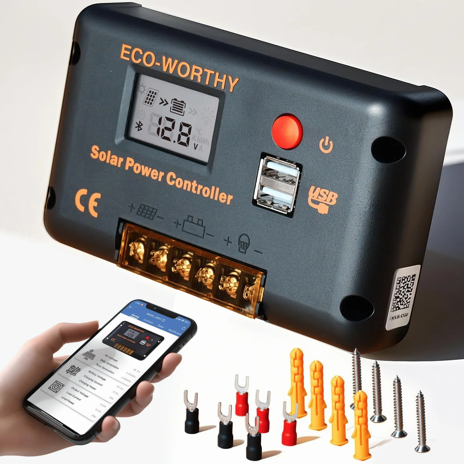 ECO-WORTHY Regolatore di carica pannello solare PWM 30A per Pannelli Solari e Batterie, Regolatore Intelligente con 2 Porte USB, PWM 12/24 V, Adatto per Batterie al litio, al Piombo e al Gel
