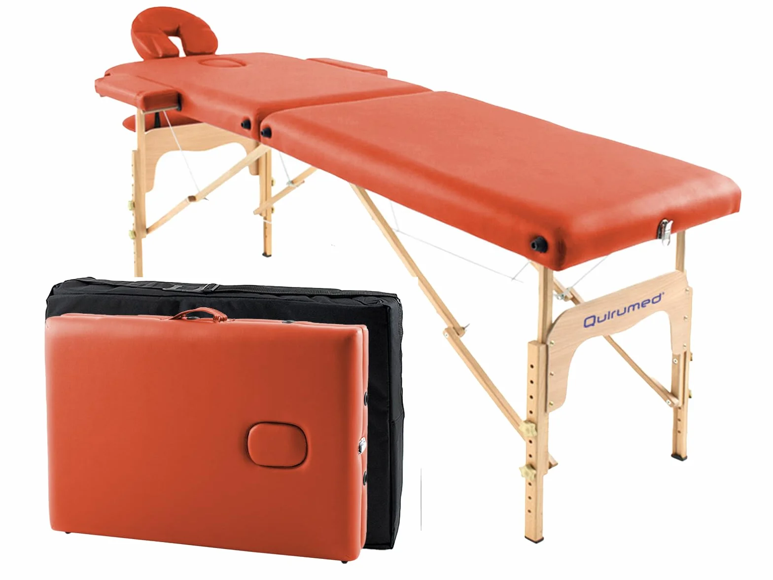 QUIRUMED Lettino da massaggio pieghevole in legno Easy, colore Arancione, 182 x 60 cm, ecopelle, portatile, leggera testa rimovibile, foro viso, altezza regolabile, fino a 120 kg