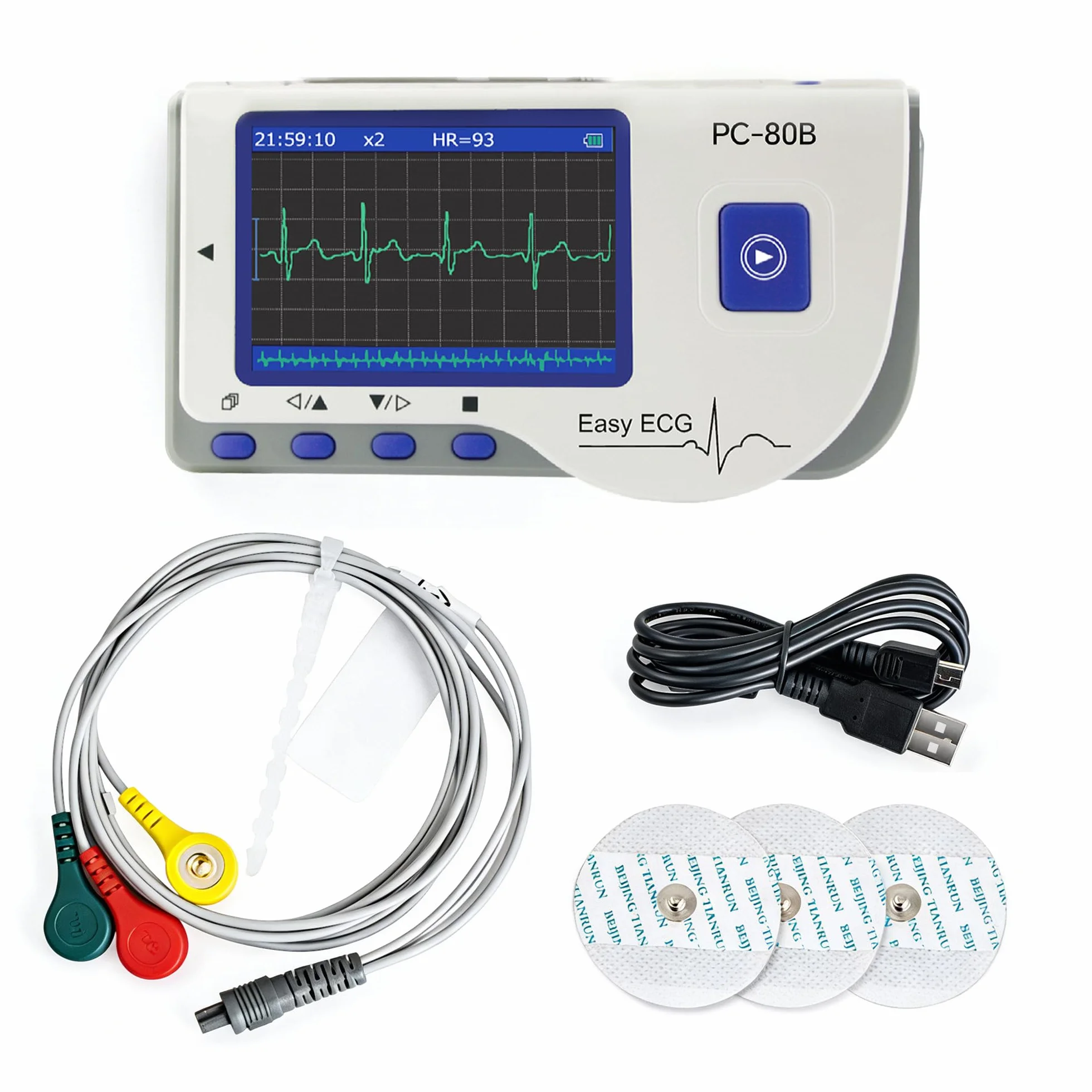 ECG Portatile a 3 Derivazioni con Analisi Algoritmica – 22 Ore di Registrazione Continua, Schermo LCD Integrato, Compatibile con Mac e Windows, Ideale per Uso Domestico