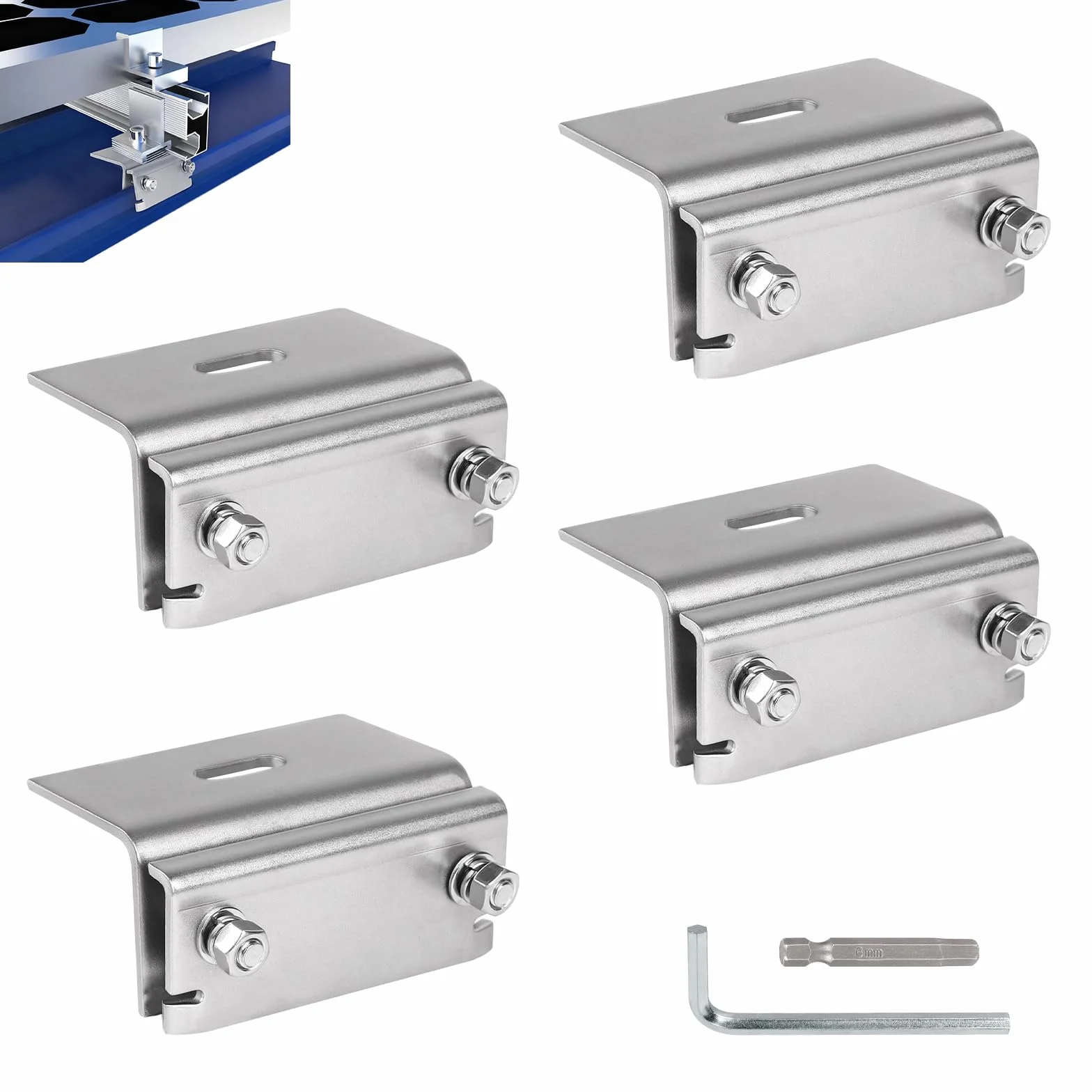 4 Pezzi Morsetti per tetto in acciaio inox 304 Fissaggi solari per pannelli fotovoltaici, Morsetti per tetti metallici e a greca, pannelli solari, resistenti alla corrosione e durevoli Argento