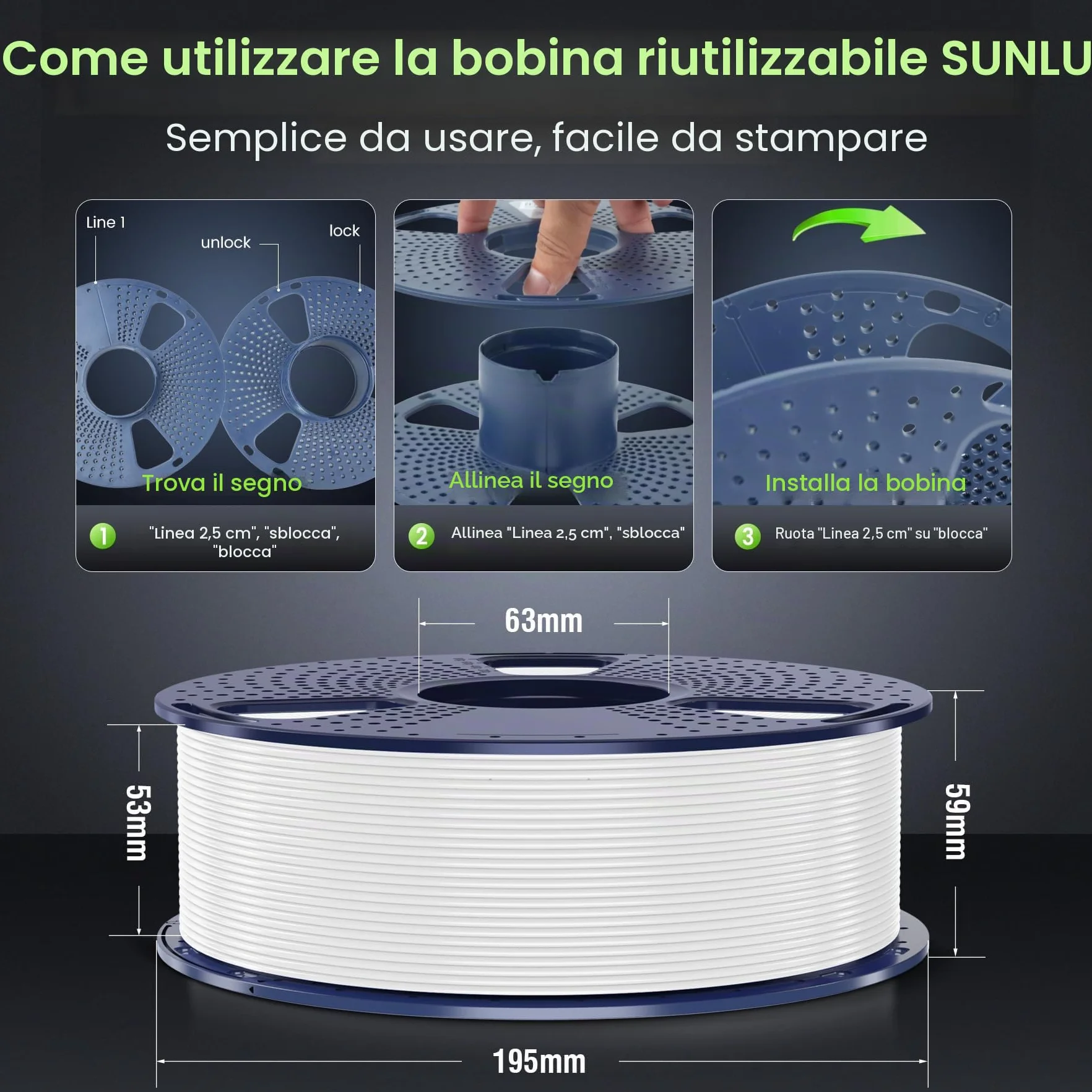 SUNLU HS-PLA Filamento 1.75mm 4KG Bianco per Stampante 3D Veloce