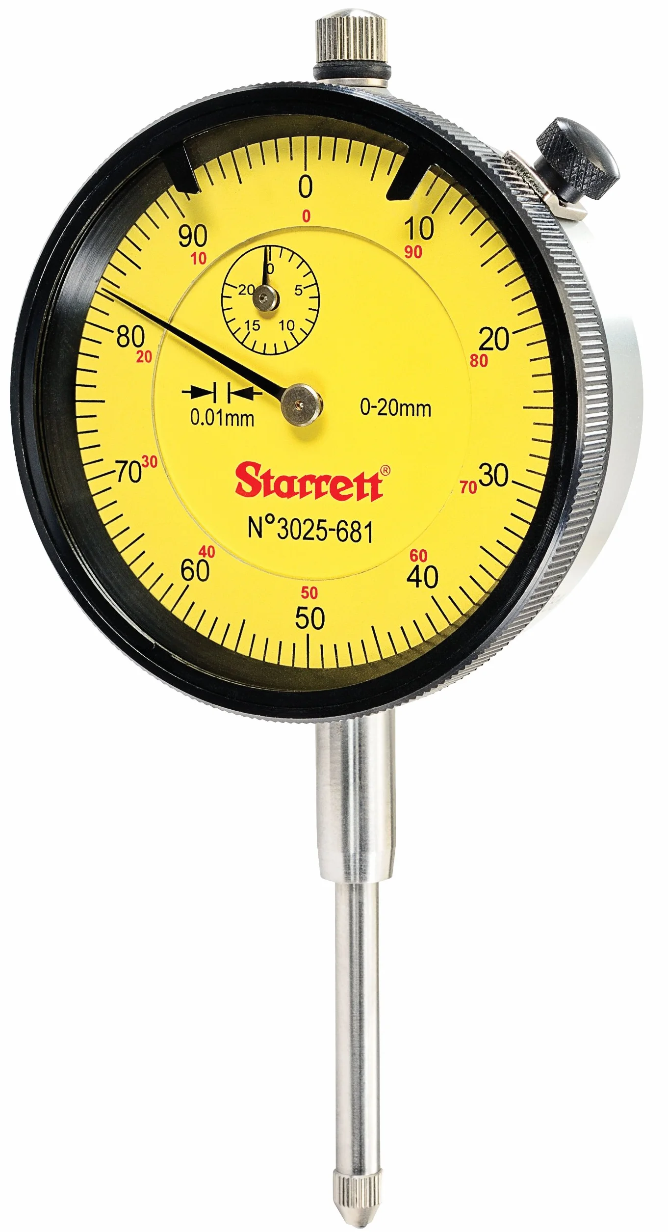 Starrett 3025-681 - Indicatore a quadrante, area di misurazione 20 mm, scala 0,01 mm, sensibilità 0-100, colore quadrante: giallo